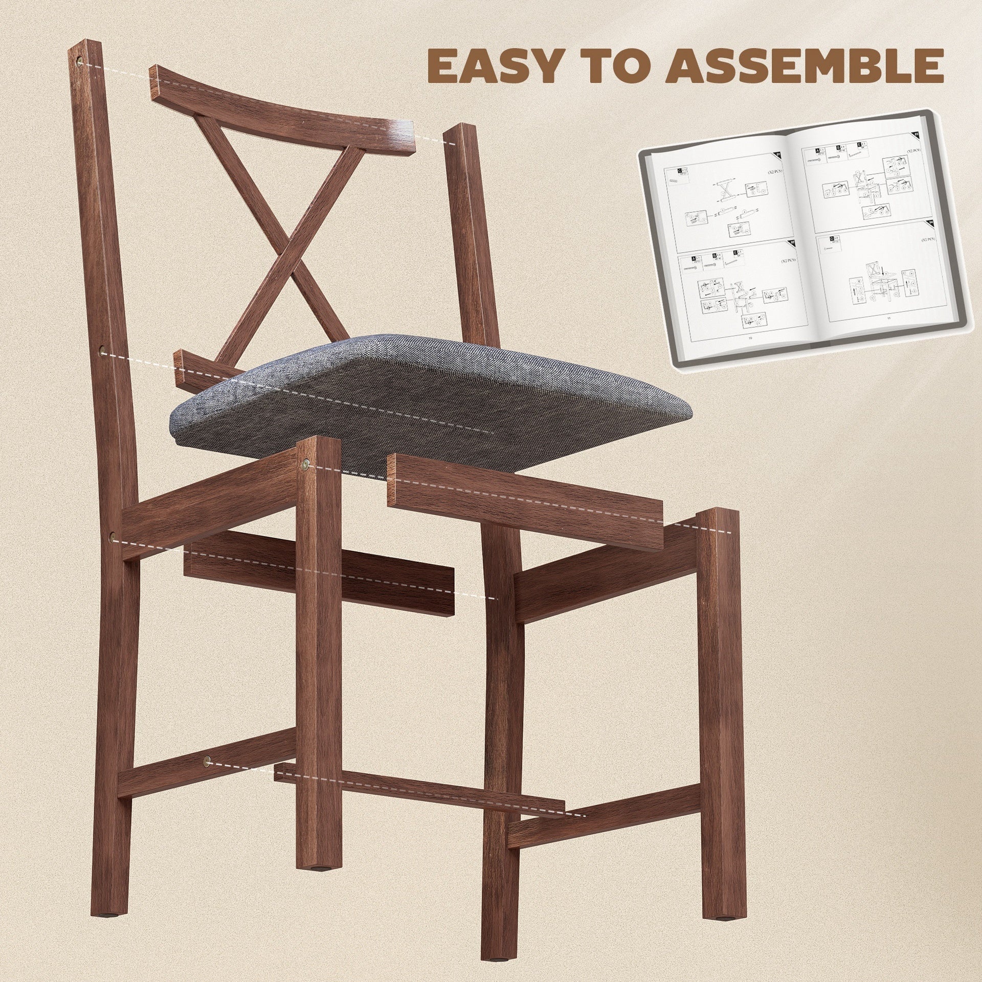 HOMCOM Set of 2 Dining Chairs, Upholstered X-Back Dining Room Chairs with Rubberwood Legs and Padded Seat, Walnut