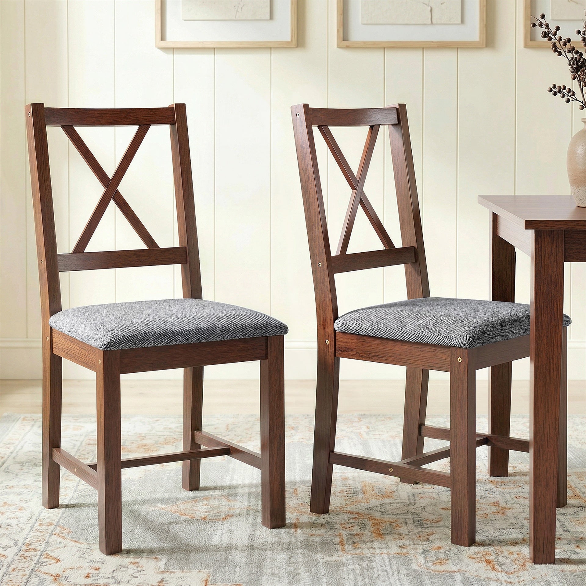 HOMCOM Set of 2 Dining Chairs, Upholstered X-Back Dining Room Chairs with Rubberwood Legs and Padded Seat, Walnut