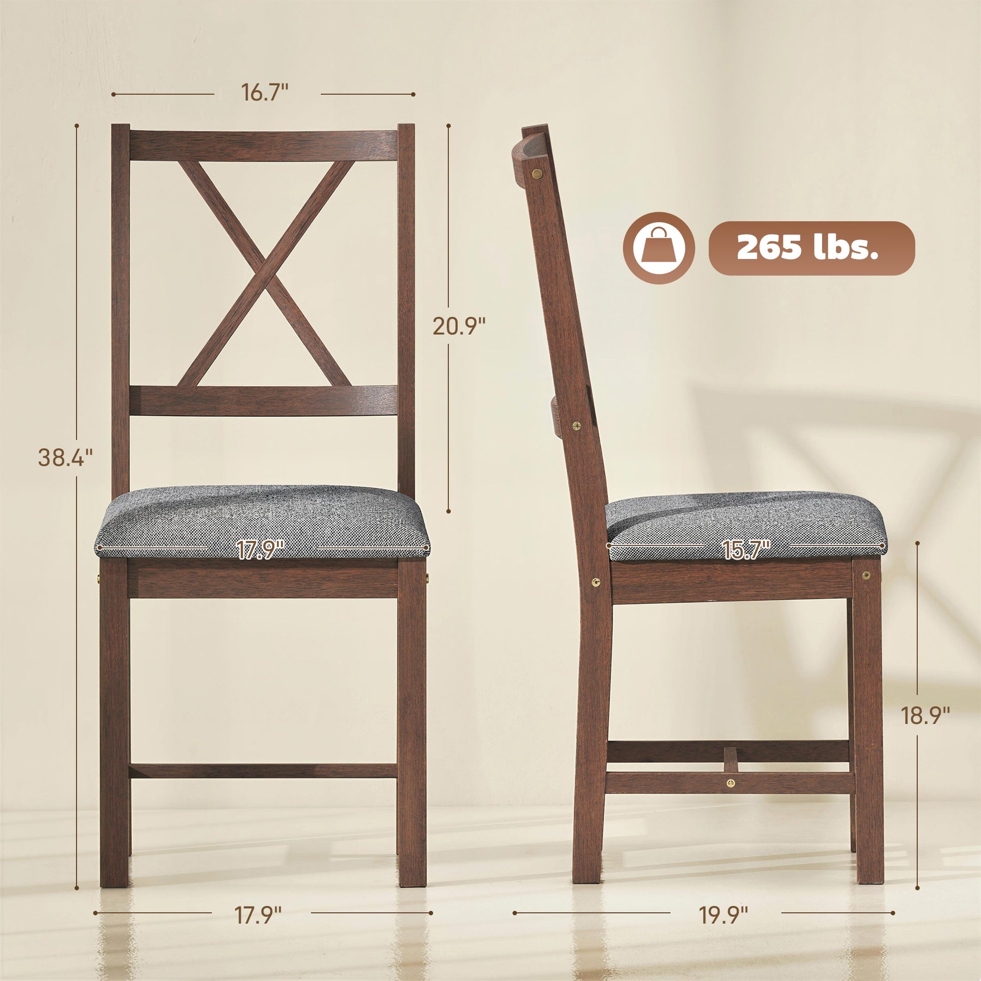 HOMCOM Set of 2 Dining Chairs, Upholstered X-Back Dining Room Chairs with Rubberwood Legs and Padded Seat, Walnut