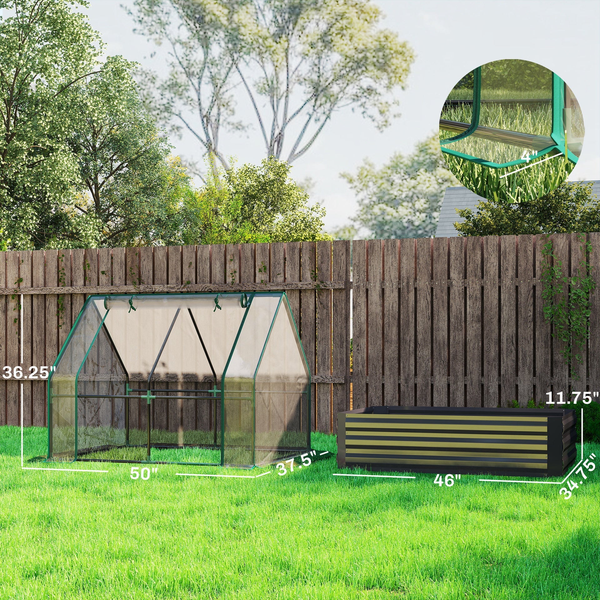 Outsunny 4 x 3 x 3ft Raised Garden Bed with Mini Greenhouse, Galvanized Raised Garden Bed with Cover, Clear and Dark Gray