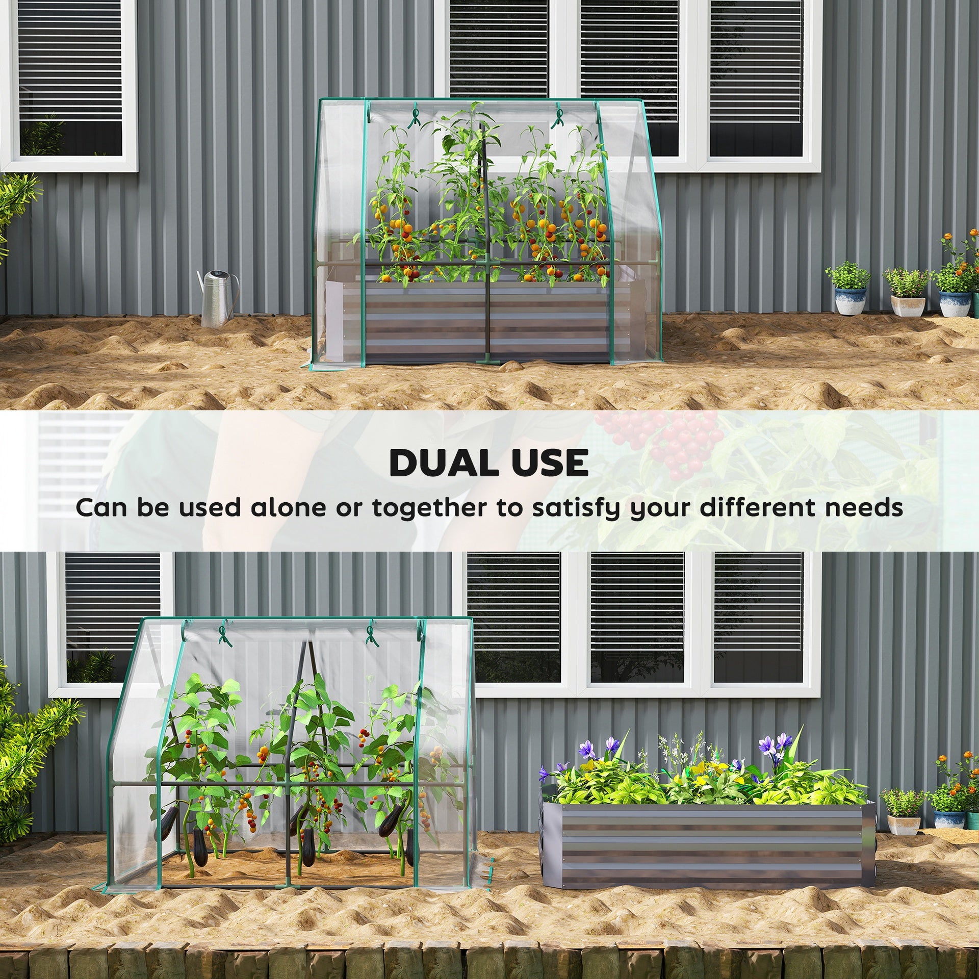 Outsunny 4 x 3 x 3ft Raised Garden Bed with Mini Greenhouse, Galvanized Raised Garden Bed with Cover, Clear and Dark Gray
