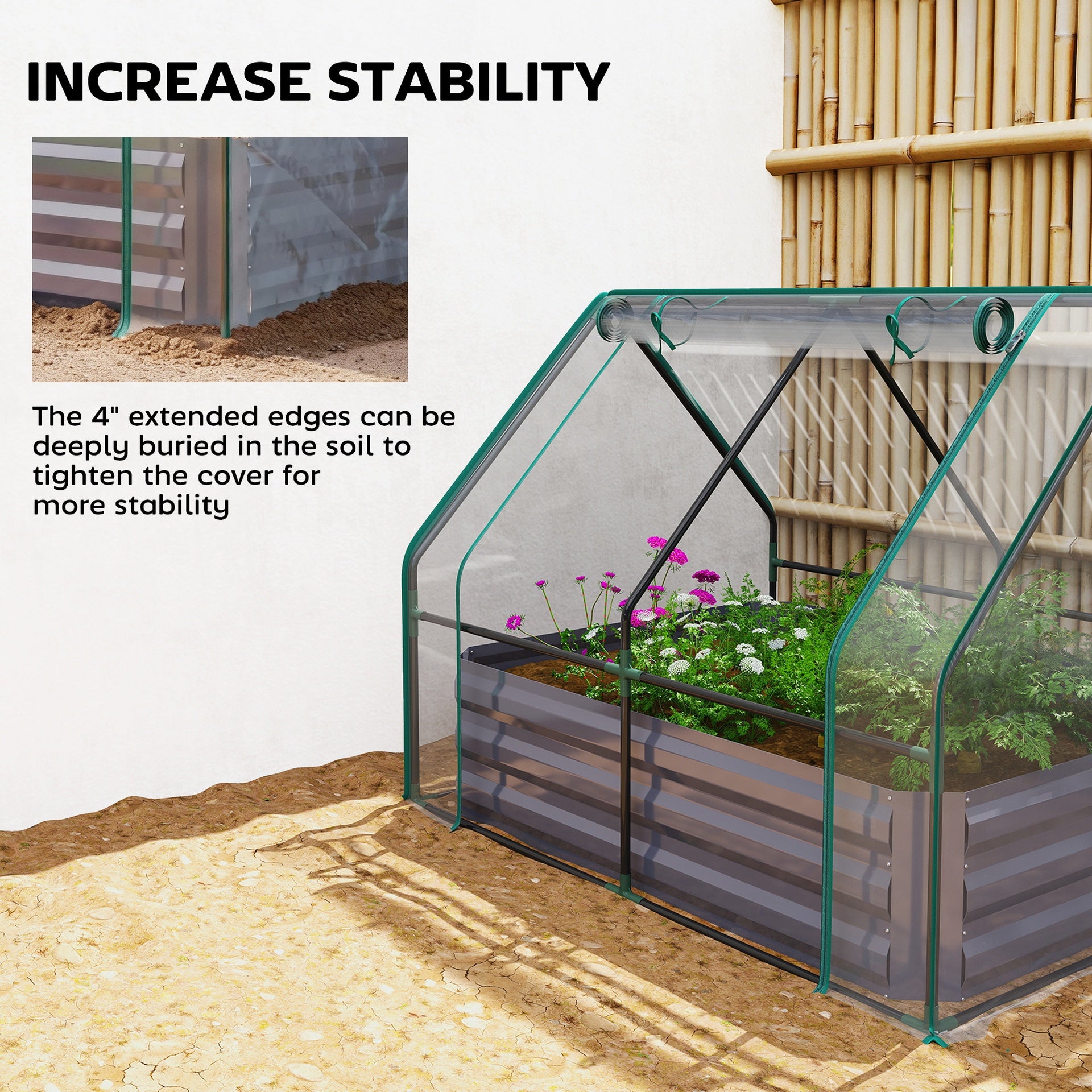 Outsunny 4 x 3 x 3ft Raised Garden Bed with Mini Greenhouse, Galvanized Raised Garden Bed with Cover, Clear and Dark Gray