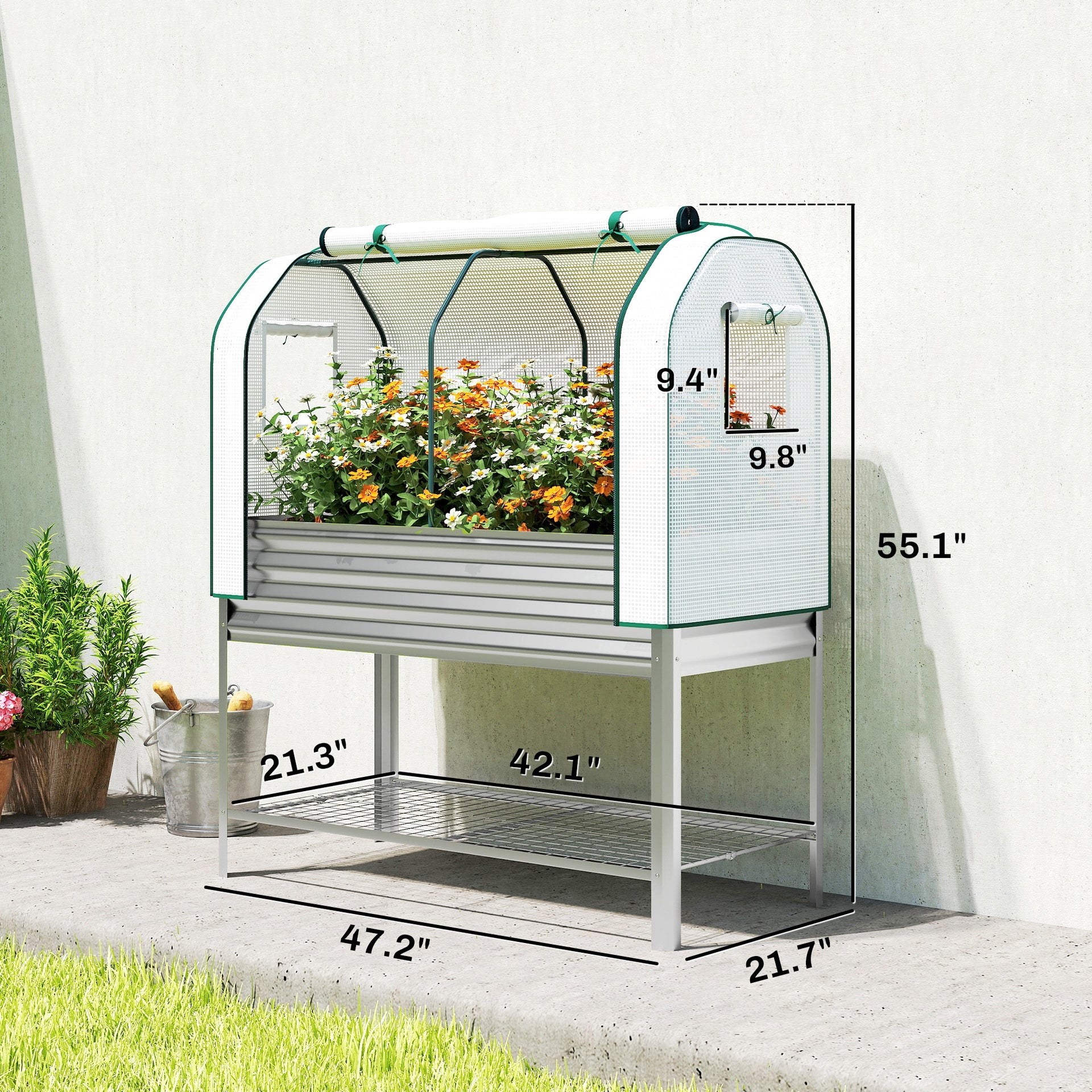 Outsunny Galvanised Raised Garden Bed with Greenhouse Cover, Metal Elevated Garden Bed with Bed Liner, Bottom Shelf, Silver