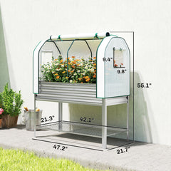 Outsunny Galvanised Raised Garden Bed with Greenhouse Cover, Metal Elevated Garden Bed with Bed Liner, Bottom Shelf, Silver