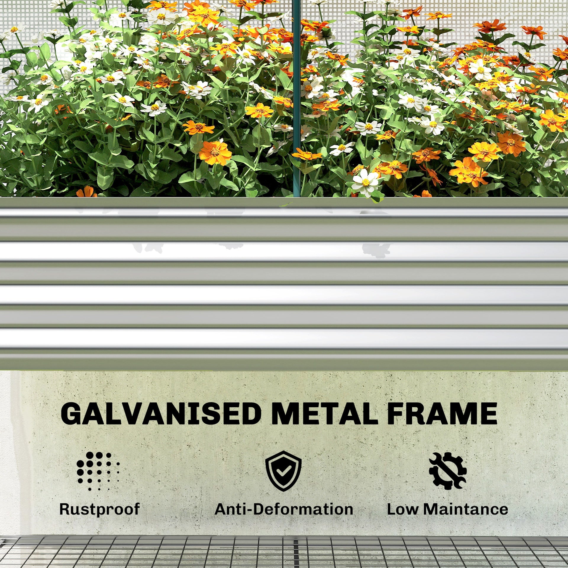 Outsunny Galvanised Raised Garden Bed with Greenhouse Cover, Metal Elevated Garden Bed with Bed Liner, Bottom Shelf, Silver