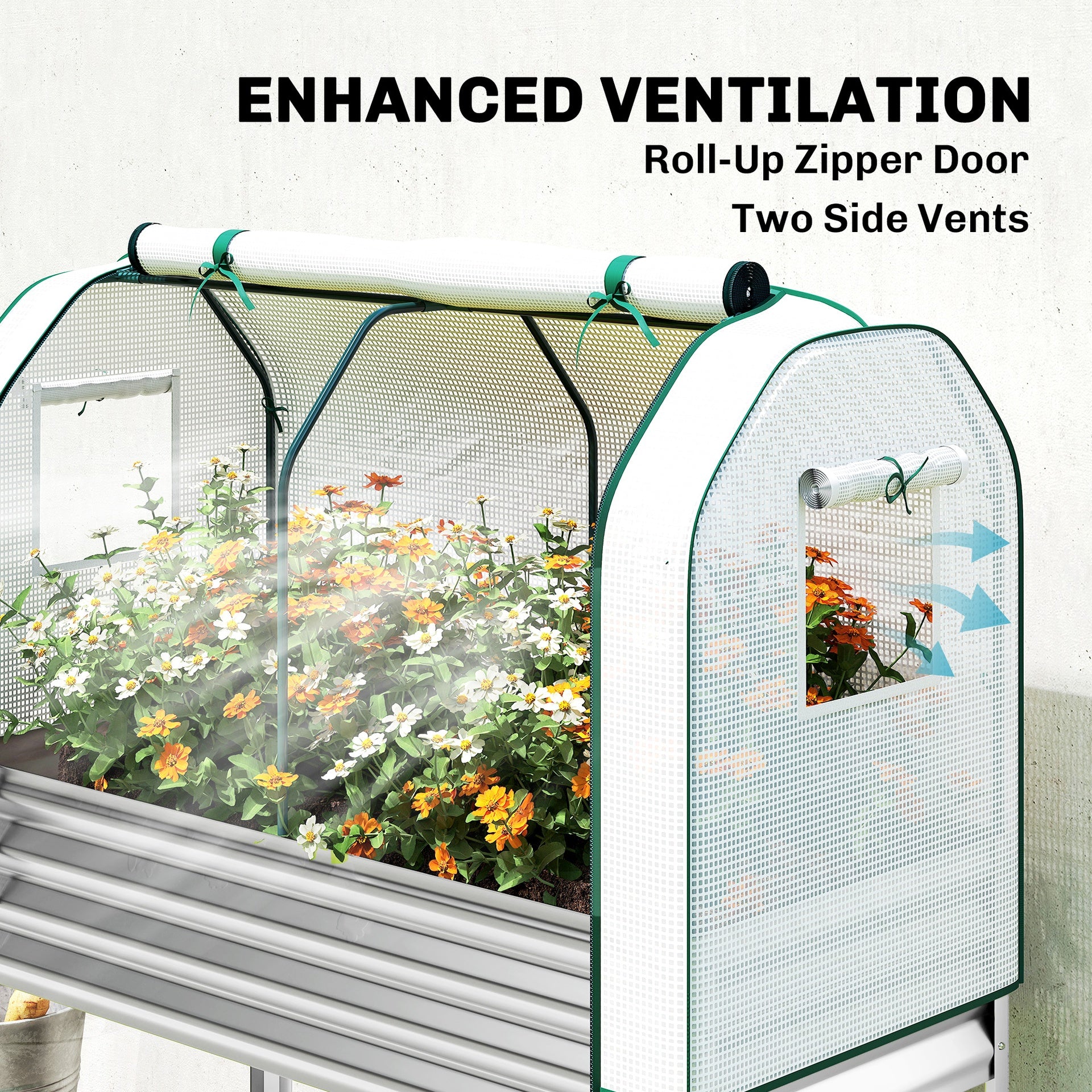 Outsunny Galvanised Raised Garden Bed with Greenhouse Cover, Metal Elevated Garden Bed with Bed Liner, Bottom Shelf, Silver