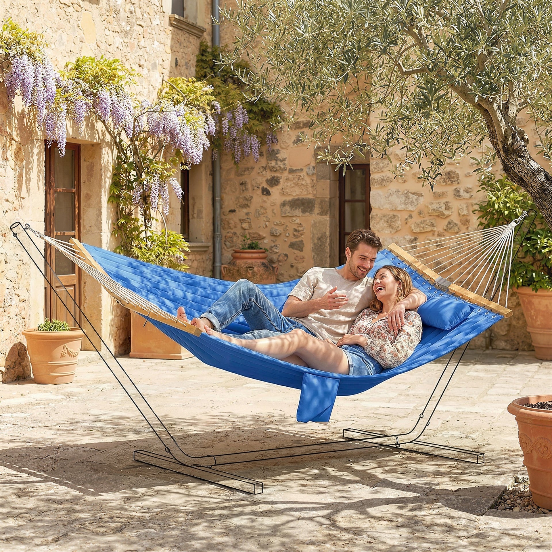 Outsunny Outdoor Hammock 2-Person, with Pillow & Pad, 440 lbs Capacity, Navy Blue