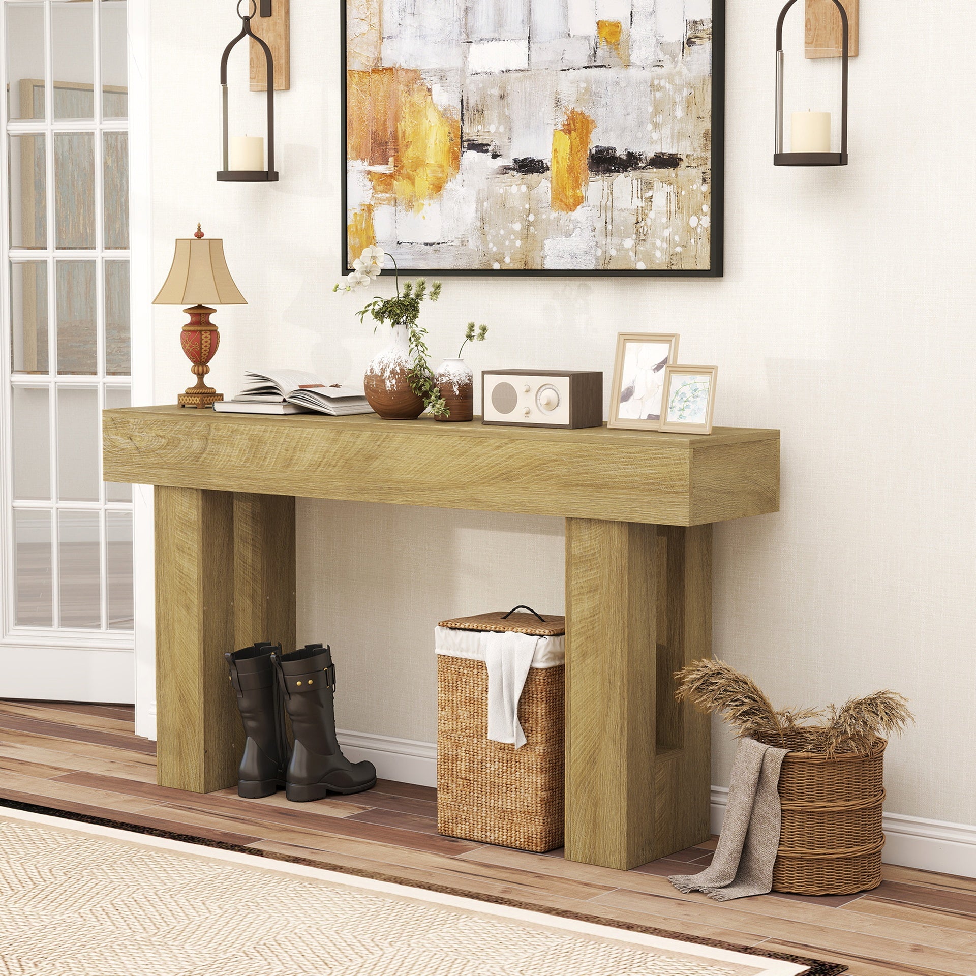 HOMCOM 63 Inch Console Table, Sofa Table Behind the Couch with Thickened Tabletop for Living Room, Hallway, Entrance, Oak