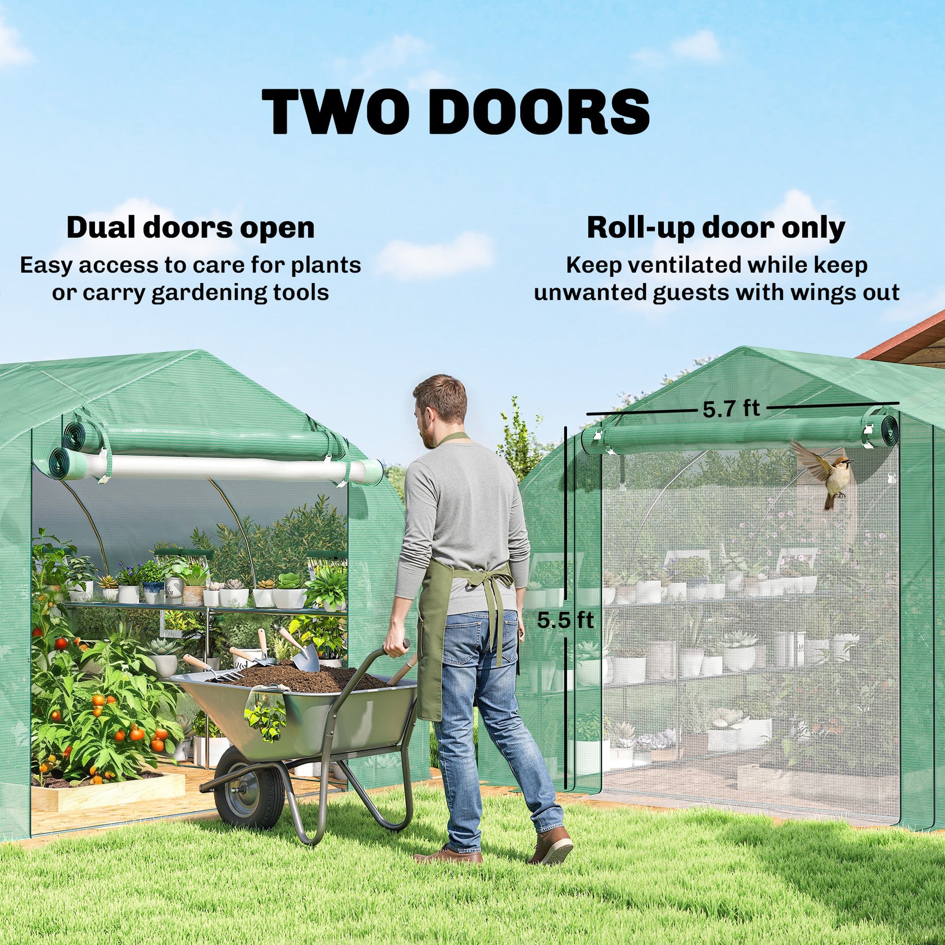 Outsunny 10'x11'x6' Walk-in Tunnel Greenhouse with Shelves, Mesh Door and Windows, Plant Hot House with PE Cover, Green