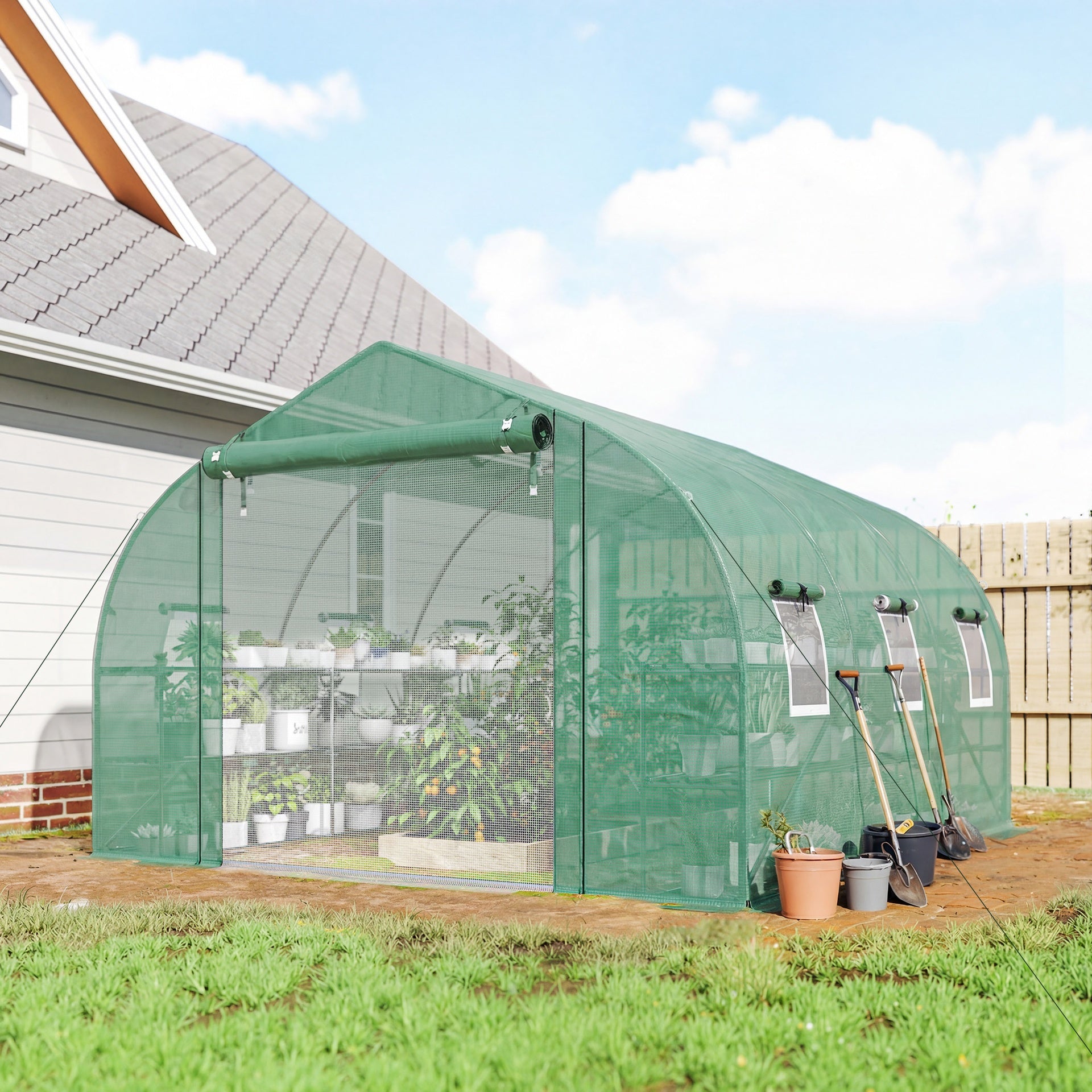 Outsunny 10'x11'x6' Walk-in Tunnel Greenhouse with Shelves, Mesh Door and Windows, Plant Hot House with PE Cover, Green