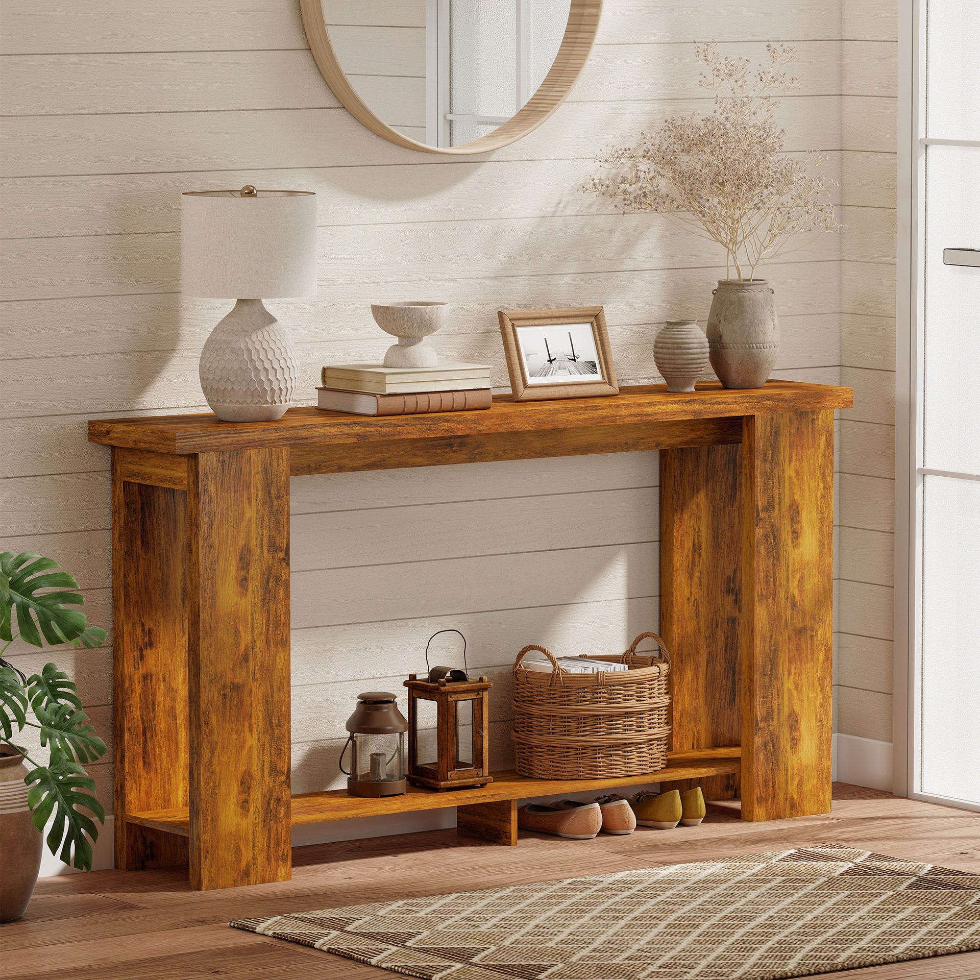 HOMCOM Farmhouse Console Table, 63" Narrow Entryway Table with Thickened Tabletop for Living Room, Hallway, Distressed Brown