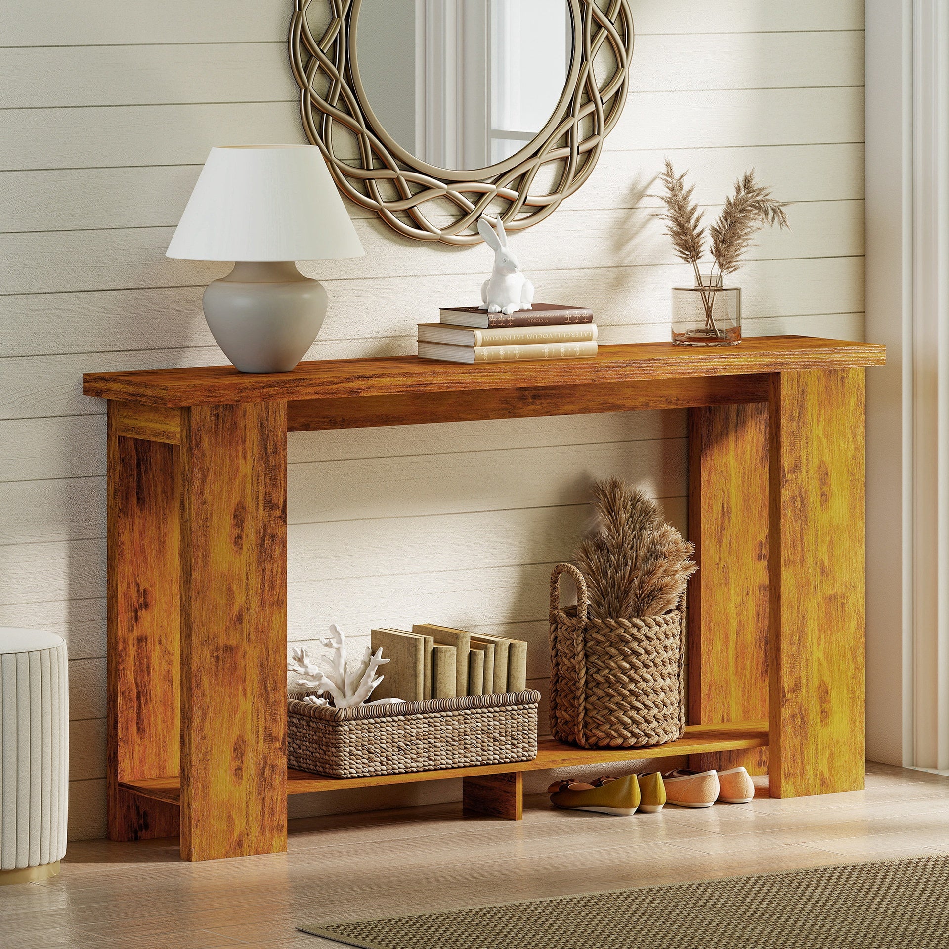 HOMCOM Farmhouse Console Table, 63" Narrow Entryway Table with Thickened Tabletop for Living Room, Hallway, Distressed Brown