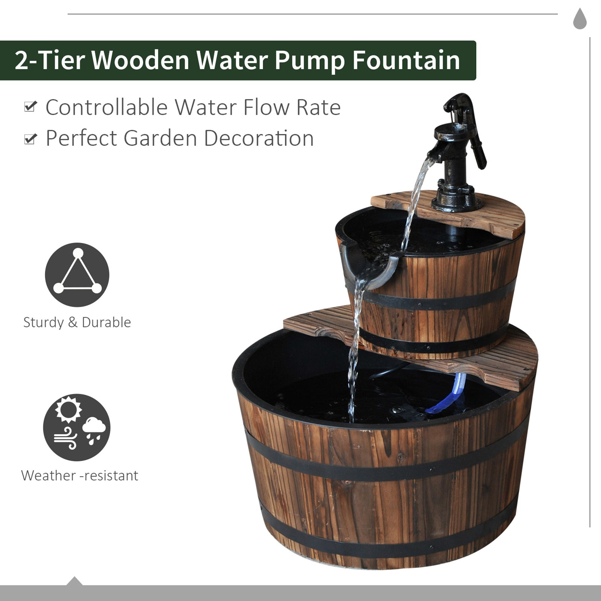Outsunny Wood Freestanding Fountain with 2 Tier Waterfall Barrel, Electric Pump for Garden Decor, Lawn, Backyard