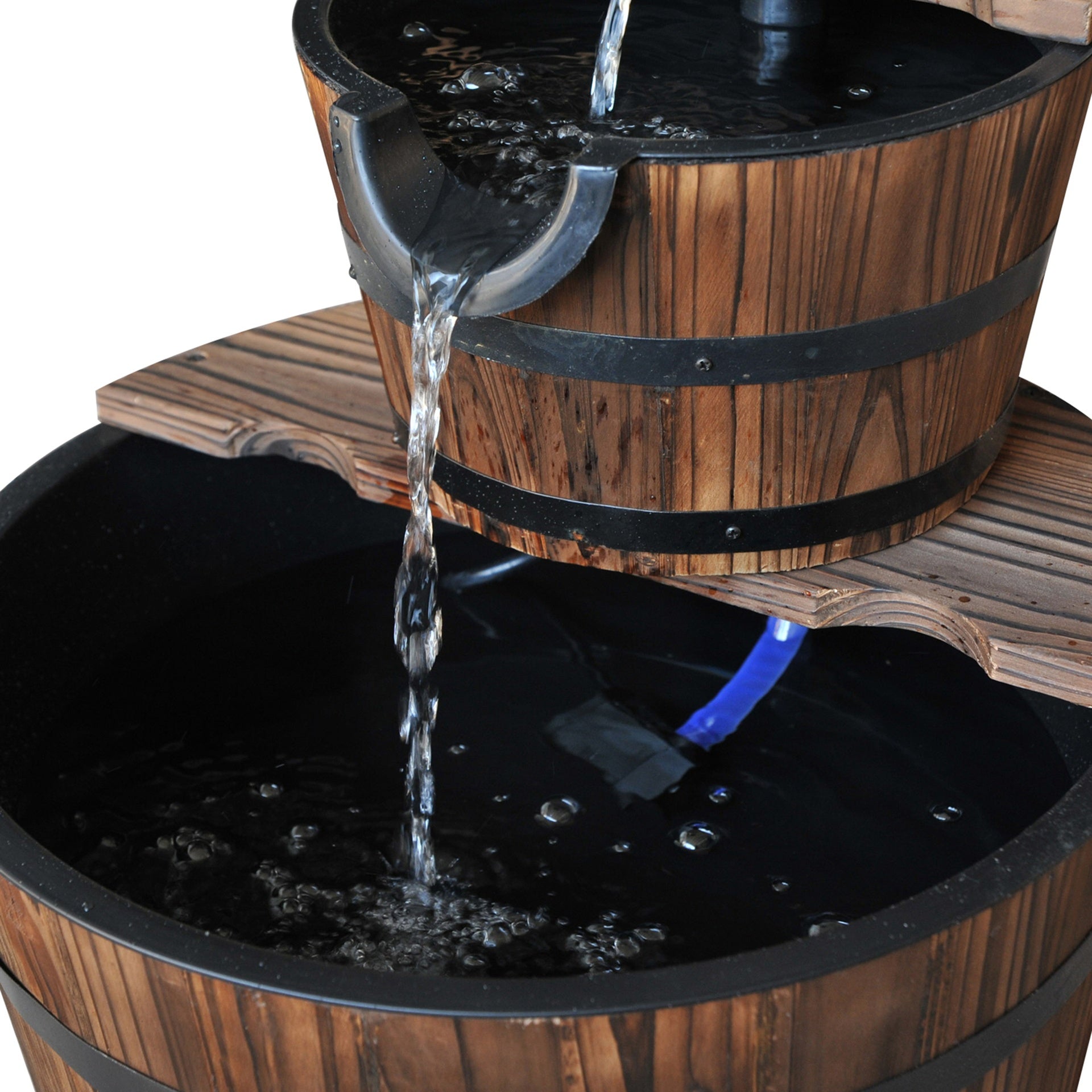 Outsunny Wood Freestanding Fountain with 2 Tier Waterfall Barrel, Electric Pump for Garden Decor, Lawn, Backyard