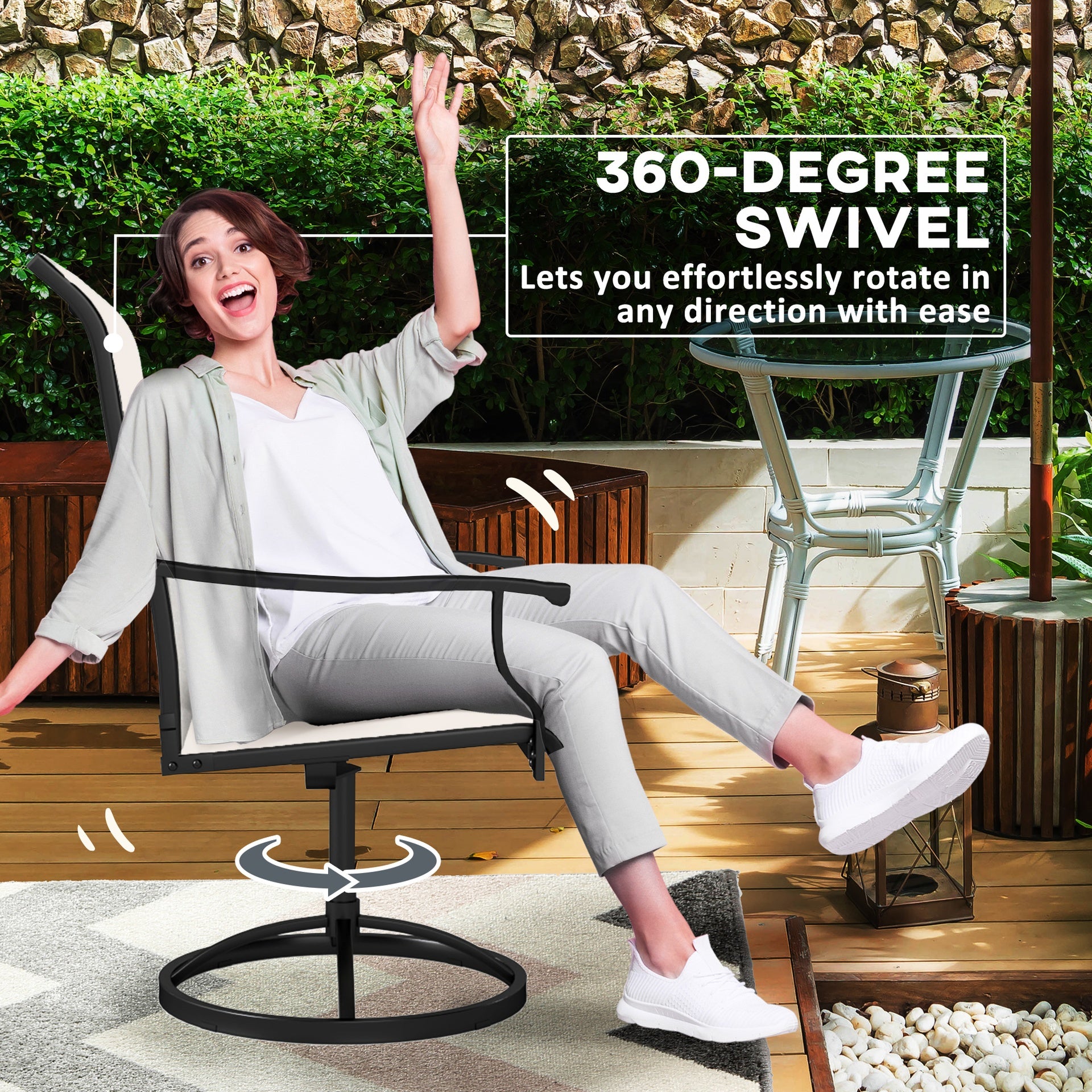 Outsunny Patio Swivel Chairs Set of 2, High Back Patio Dining Chairs with All-Weather Mesh for Backyard, Lawn, Garden, Cream