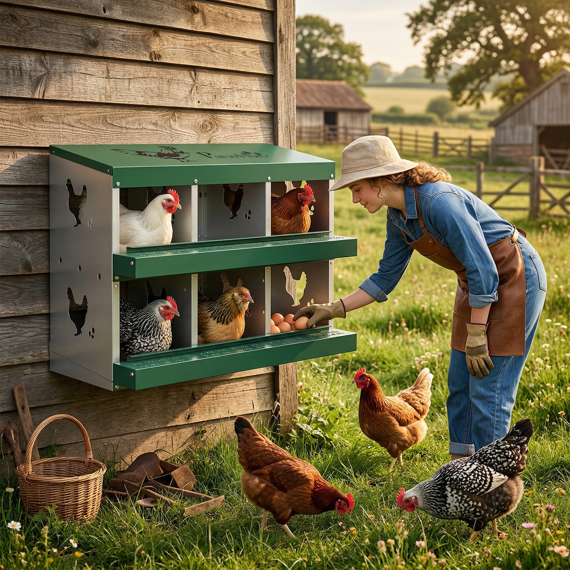PawHut Chicken Nesting Boxes, 6 Compartment Steel Nesting Boxes for Chickens, Wall Mount Egg Laying Boxes with Vented Holes