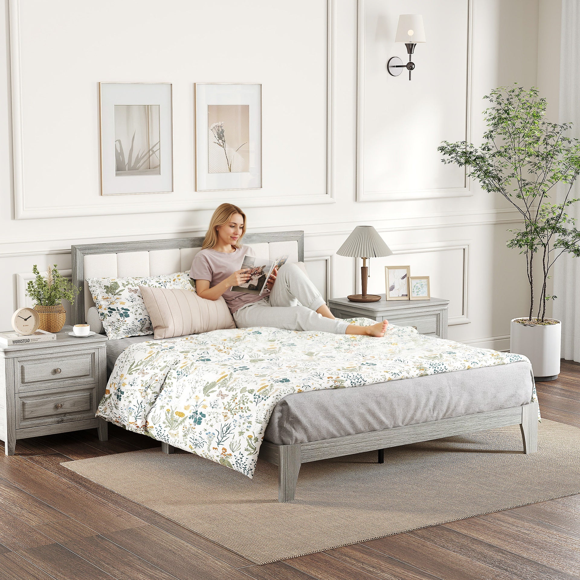 HOMCOM Queen Bed Frame with Headboard Queen Platform Bed Frame with Wooden Slats No Box Spring Needed Easy Assembly Gray