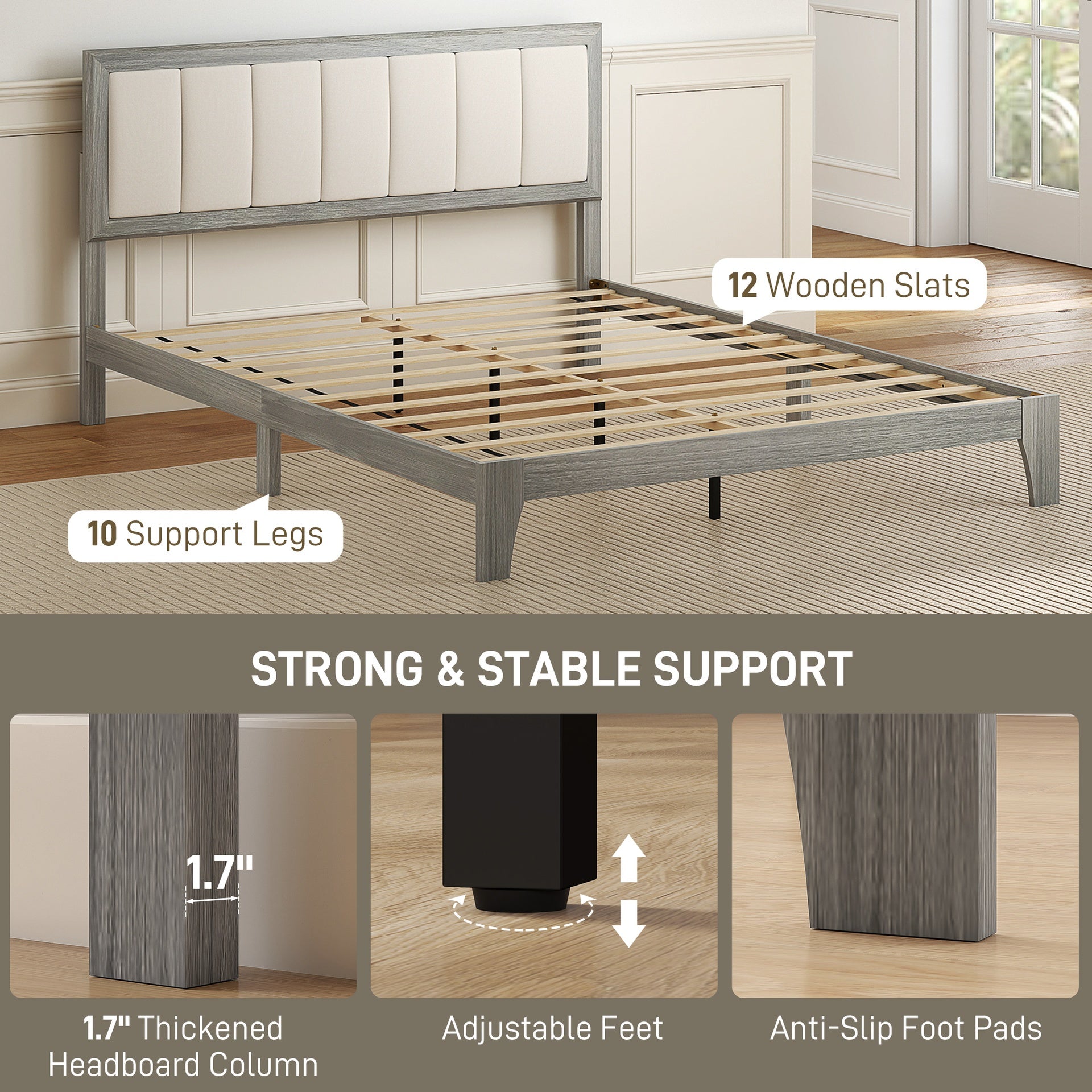HOMCOM Queen Bed Frame with Headboard Queen Platform Bed Frame with Wooden Slats No Box Spring Needed Easy Assembly Gray