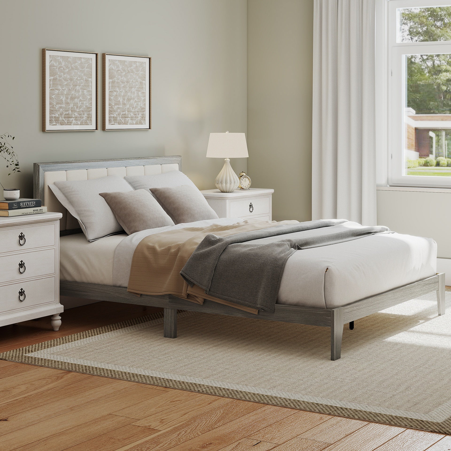 HOMCOM Queen Bed Frame with Headboard Queen Platform Bed Frame with Wooden Slats No Box Spring Needed Easy Assembly Gray