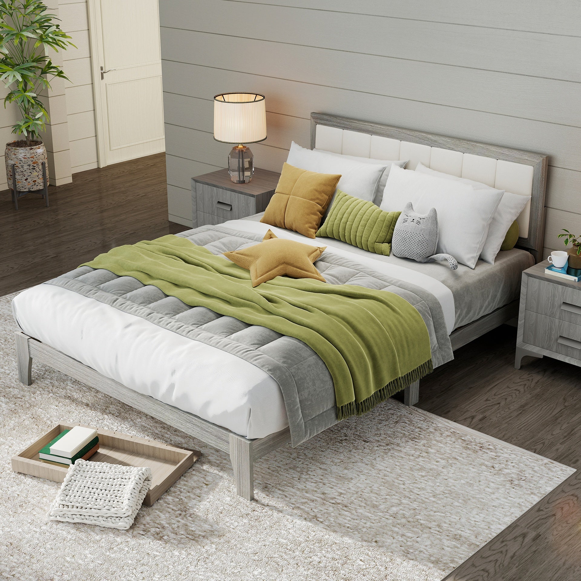 HOMCOM Queen Bed Frame with Headboard Queen Platform Bed Frame with Wooden Slats No Box Spring Needed Easy Assembly Gray