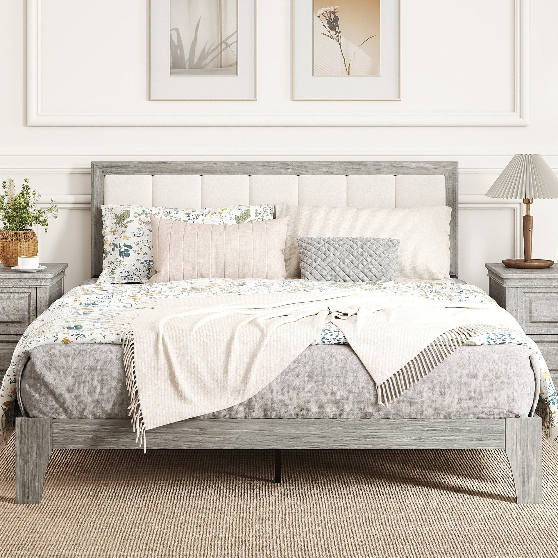 HOMCOM Queen Bed Frame with Headboard Queen Platform Bed Frame with Wooden Slats No Box Spring Needed Easy Assembly Gray