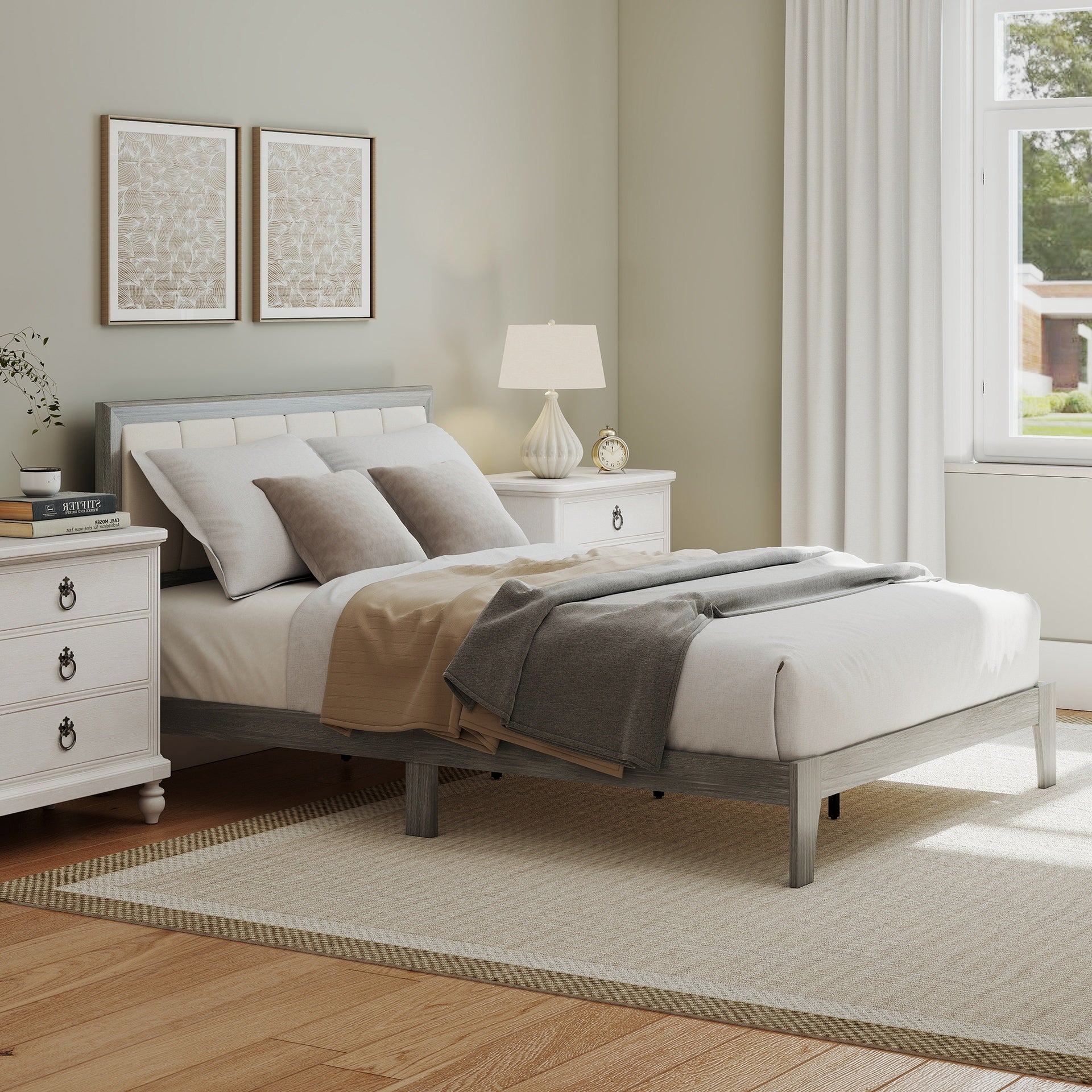 HOMCOM Full Bed Frame with Headboard Full Size Platform Bed Frame with Wooden Slats No Box Spring Needed Easy Assembly Gray