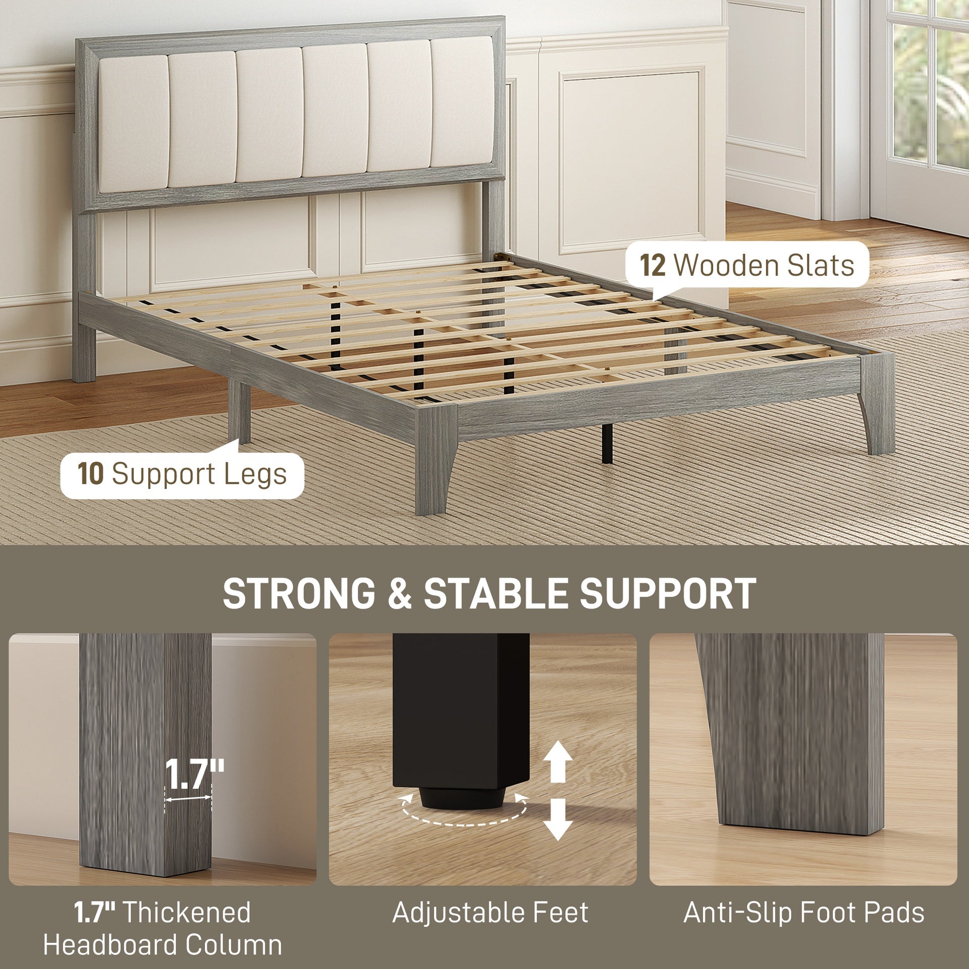 HOMCOM Full Bed Frame with Headboard Full Size Platform Bed Frame with Wooden Slats No Box Spring Needed Easy Assembly Gray