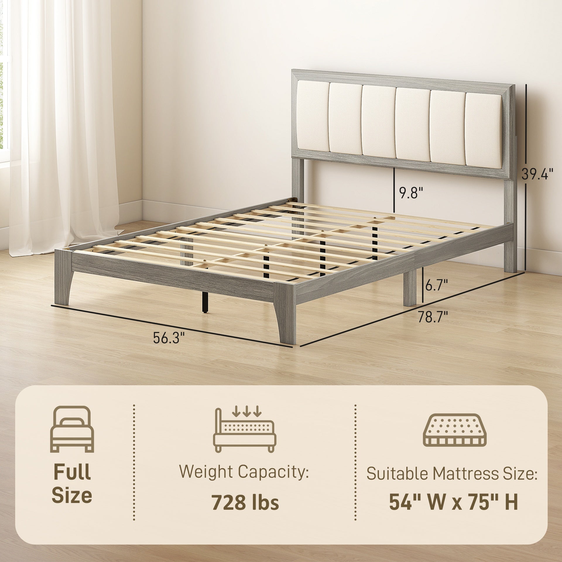 HOMCOM Full Bed Frame with Headboard Full Size Platform Bed Frame with Wooden Slats No Box Spring Needed Easy Assembly Gray