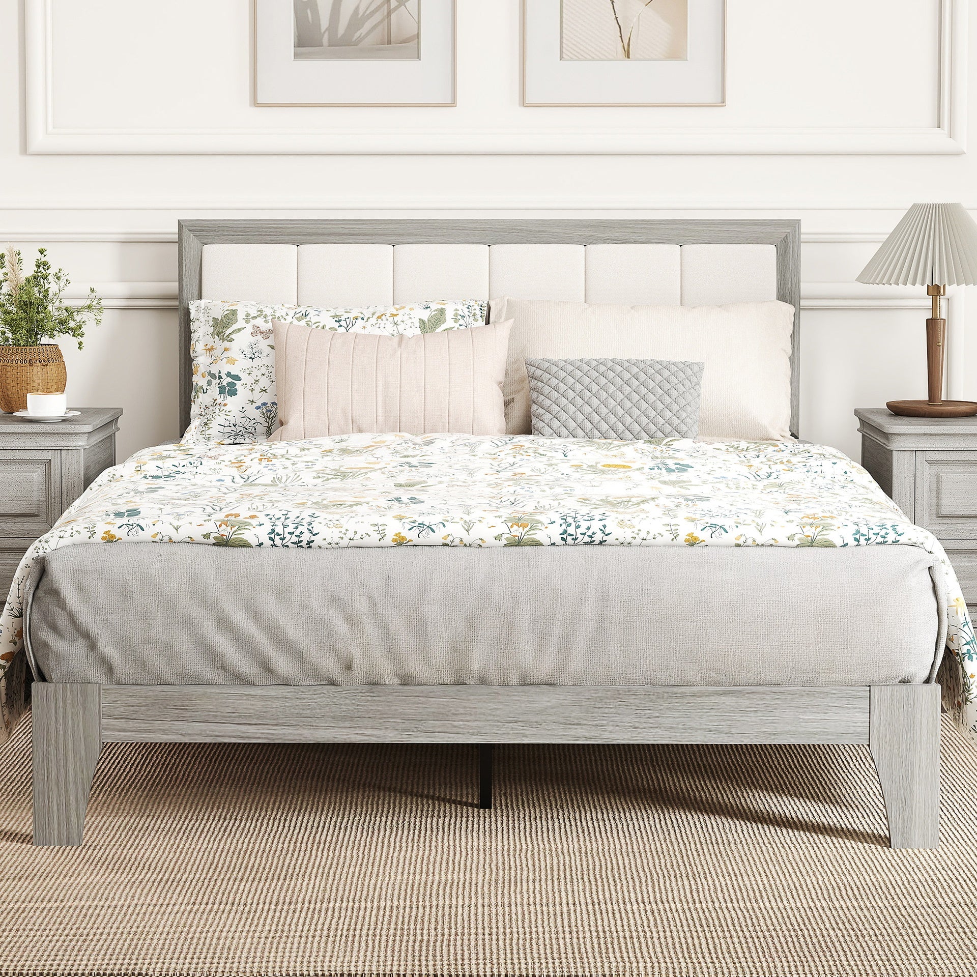 HOMCOM Full Bed Frame with Headboard Full Size Platform Bed Frame with Wooden Slats No Box Spring Needed Easy Assembly Gray
