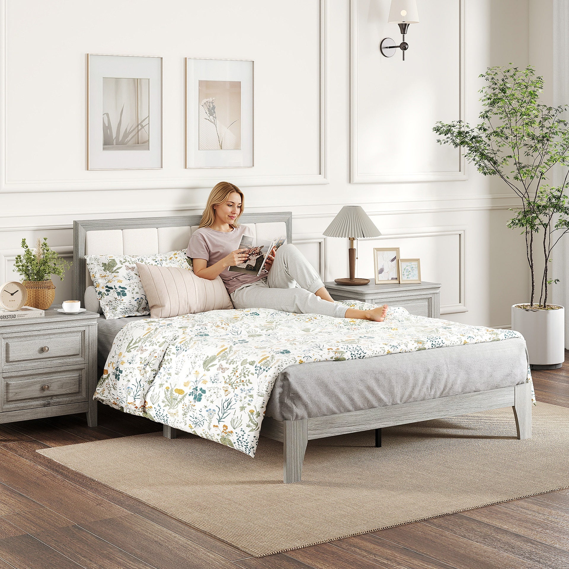 HOMCOM Full Bed Frame with Headboard Full Size Platform Bed Frame with Wooden Slats No Box Spring Needed Easy Assembly Gray