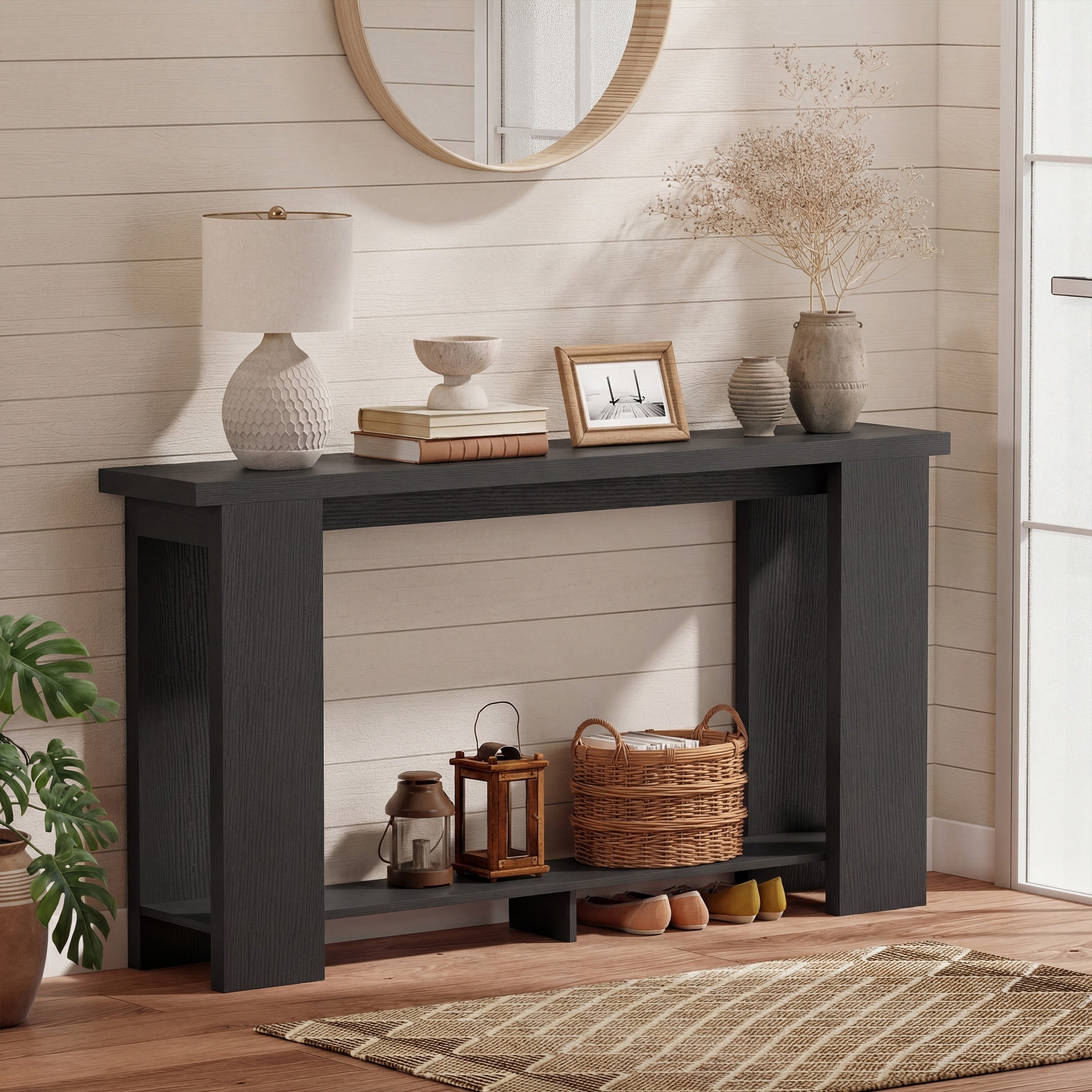 HOMCOM Farmhouse Console Table, 63" Narrow Entryway Table with Thickened Tabletop for Living Room, Hallway, Distressed Black