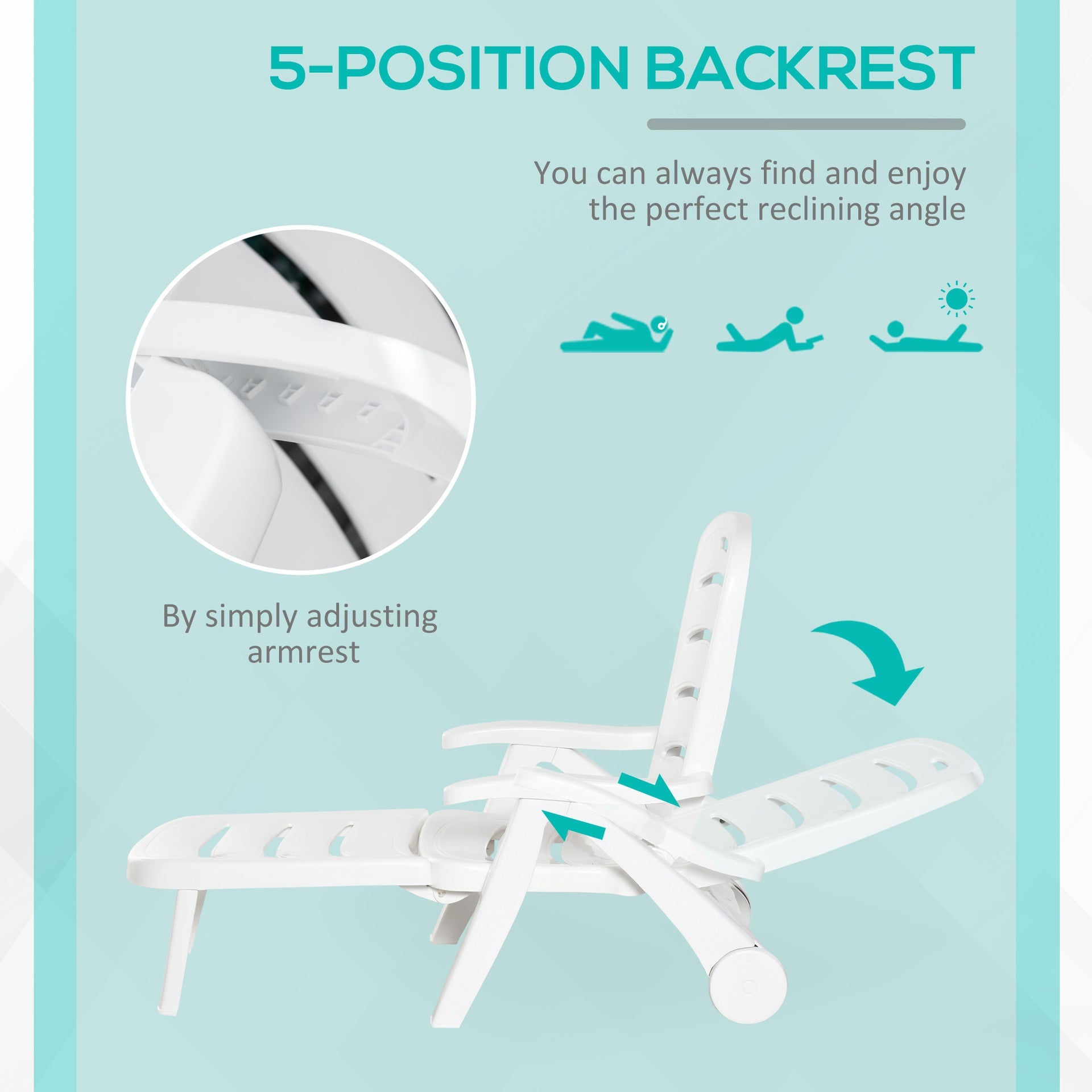 Outsunny Outdoor Chaise Lounge Chair on Wheels, Waterproof, Quick Assembly, Folding, 5 Level Adjustable Backrest for Pool, White