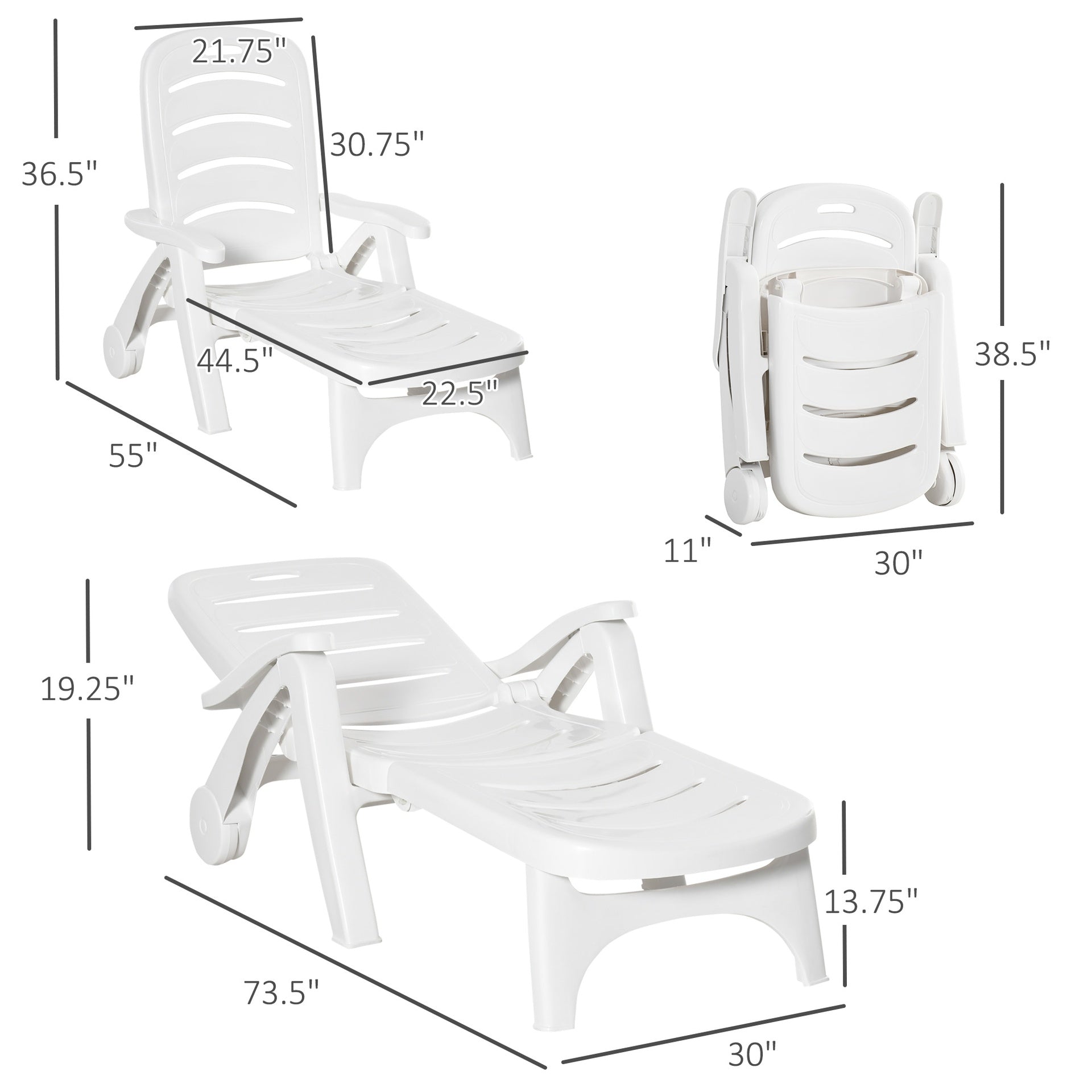 Outsunny Outdoor Chaise Lounge Chair on Wheels, Waterproof, Quick Assembly, Folding, 5 Level Adjustable Backrest for Pool, White