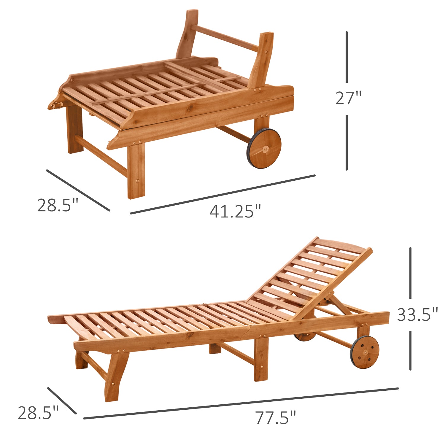 Outsunny Outdoor Folding Chaise Lounge Chair Recliner with Wheels, Acacia Wood Frame - Teak Color