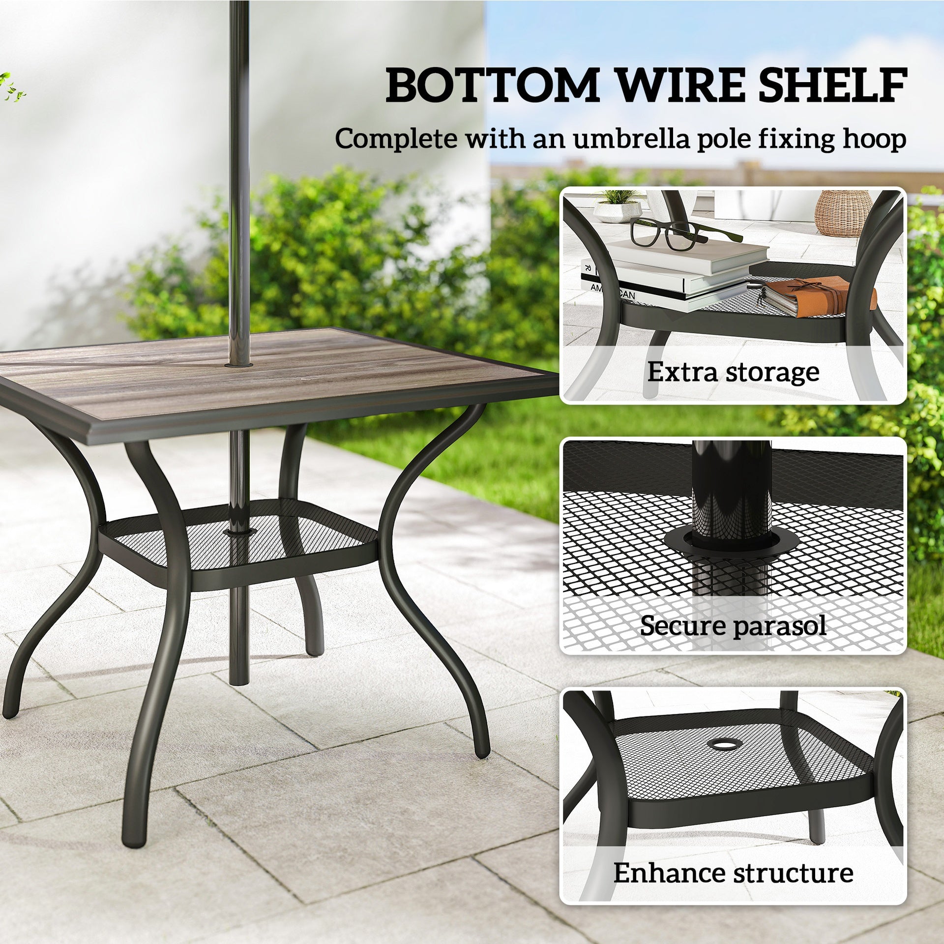 Outsunny 37" Square Outdoor Dining Table for 4, Patio Table with Umbrella Hole, Shelf, Faux Wood Top for Garden, Backyard, Gray