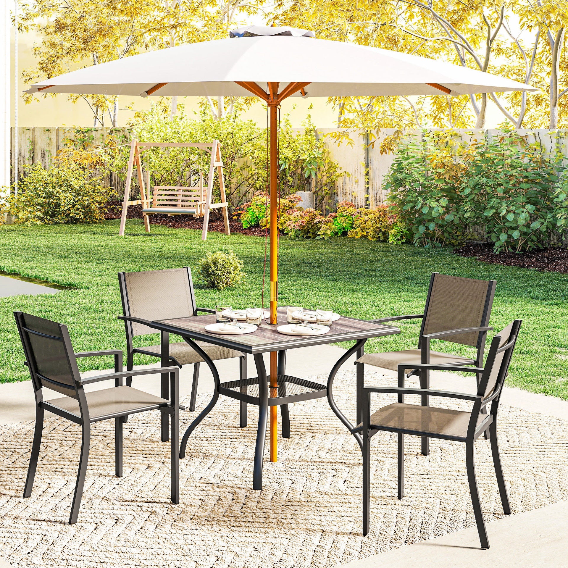 Outsunny 37" Square Outdoor Dining Table for 4, Patio Table with Umbrella Hole, Shelf, Faux Wood Top for Garden, Backyard, Gray