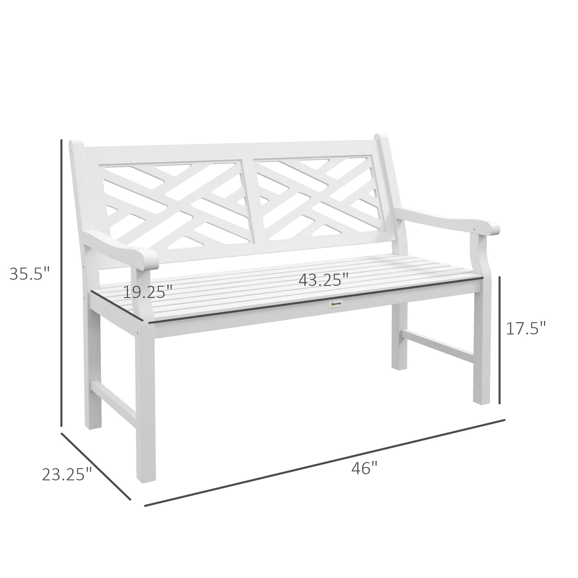 Outsunny Outdoor Garden Bench, Wooden Frame Patio Bench with Geometric Pattern, 43.25 Inch Weatherproof 2-Person Love Seat for Garden, Lawn, Porch, Yard, Work Entryway, White