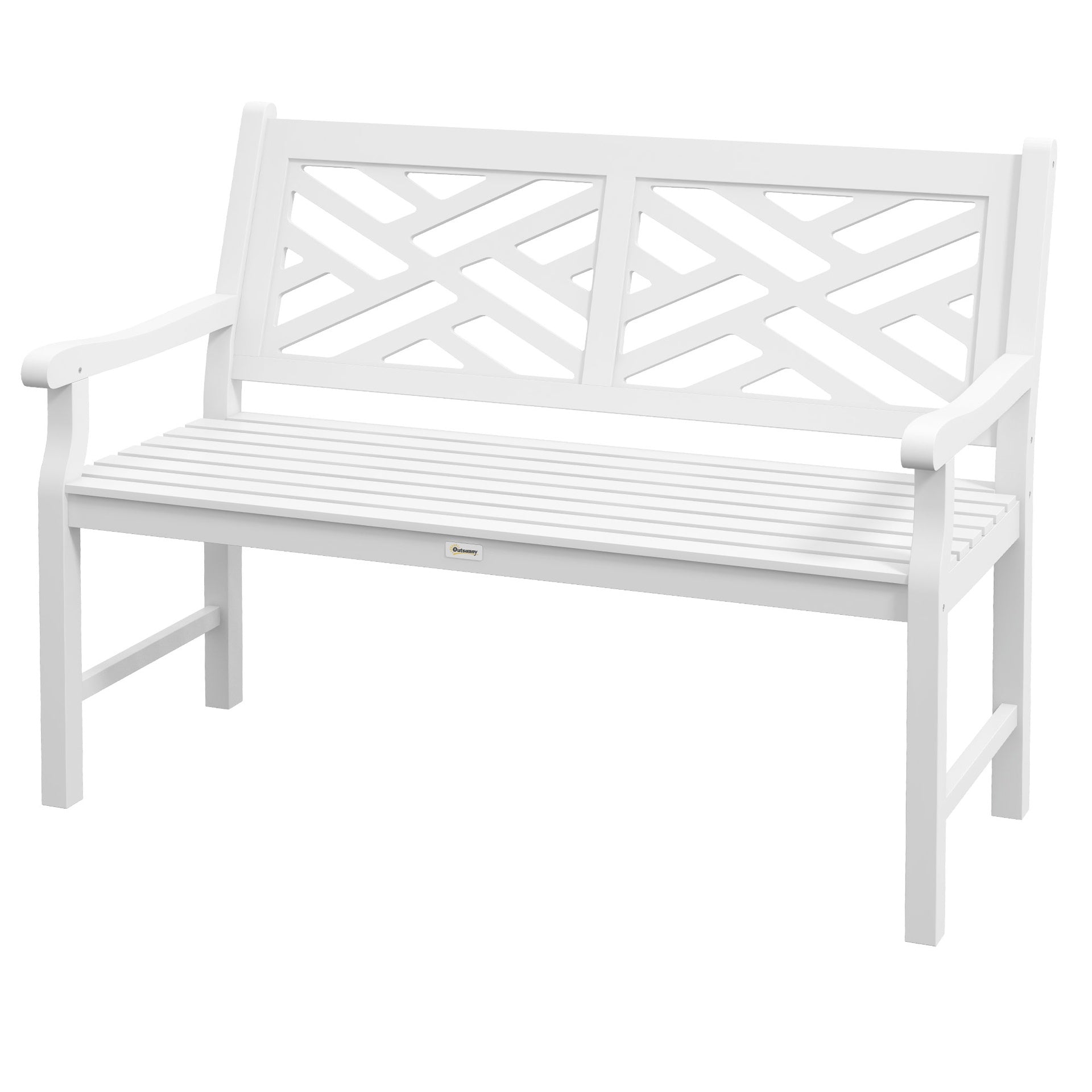 Outsunny Outdoor Garden Bench, Wooden Frame Patio Bench with Geometric Pattern, 43.25 Inch Weatherproof 2-Person Love Seat for Garden, Lawn, Porch, Yard, Work Entryway, White