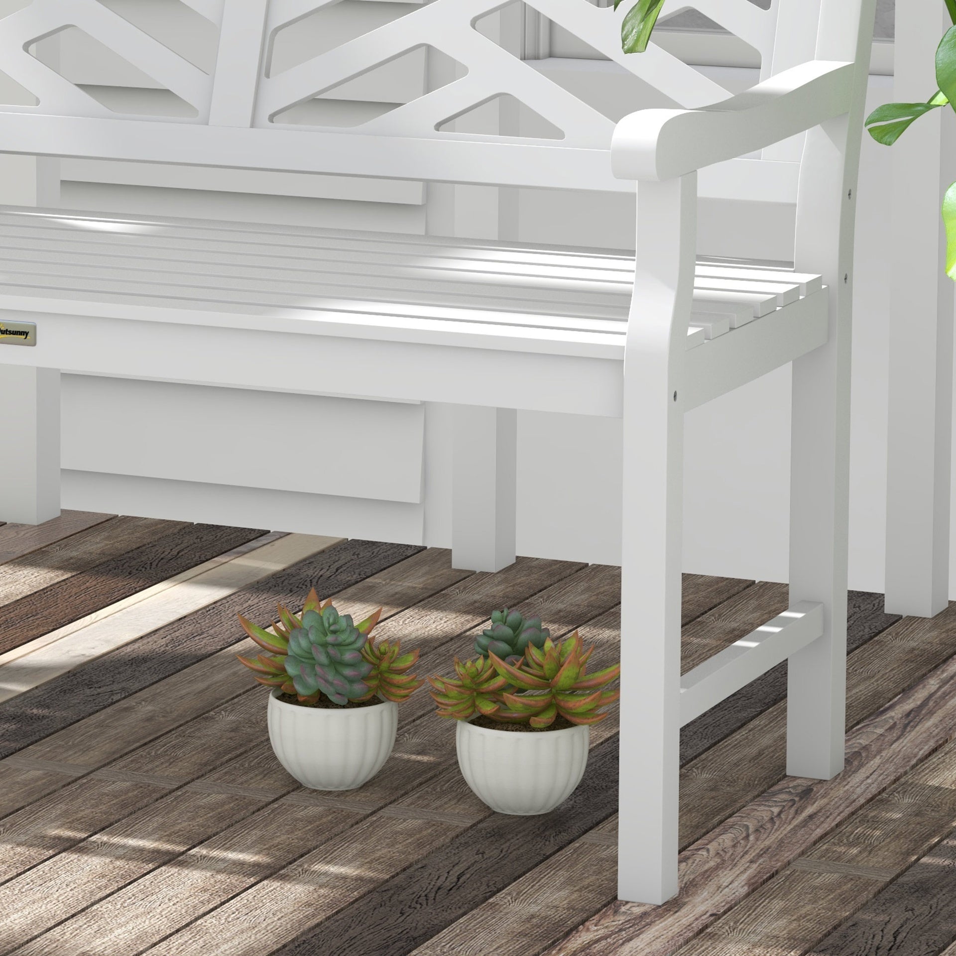 Outsunny Outdoor Garden Bench, Wooden Frame Patio Bench with Geometric Pattern, 43.25 Inch Weatherproof 2-Person Love Seat for Garden, Lawn, Porch, Yard, Work Entryway, White