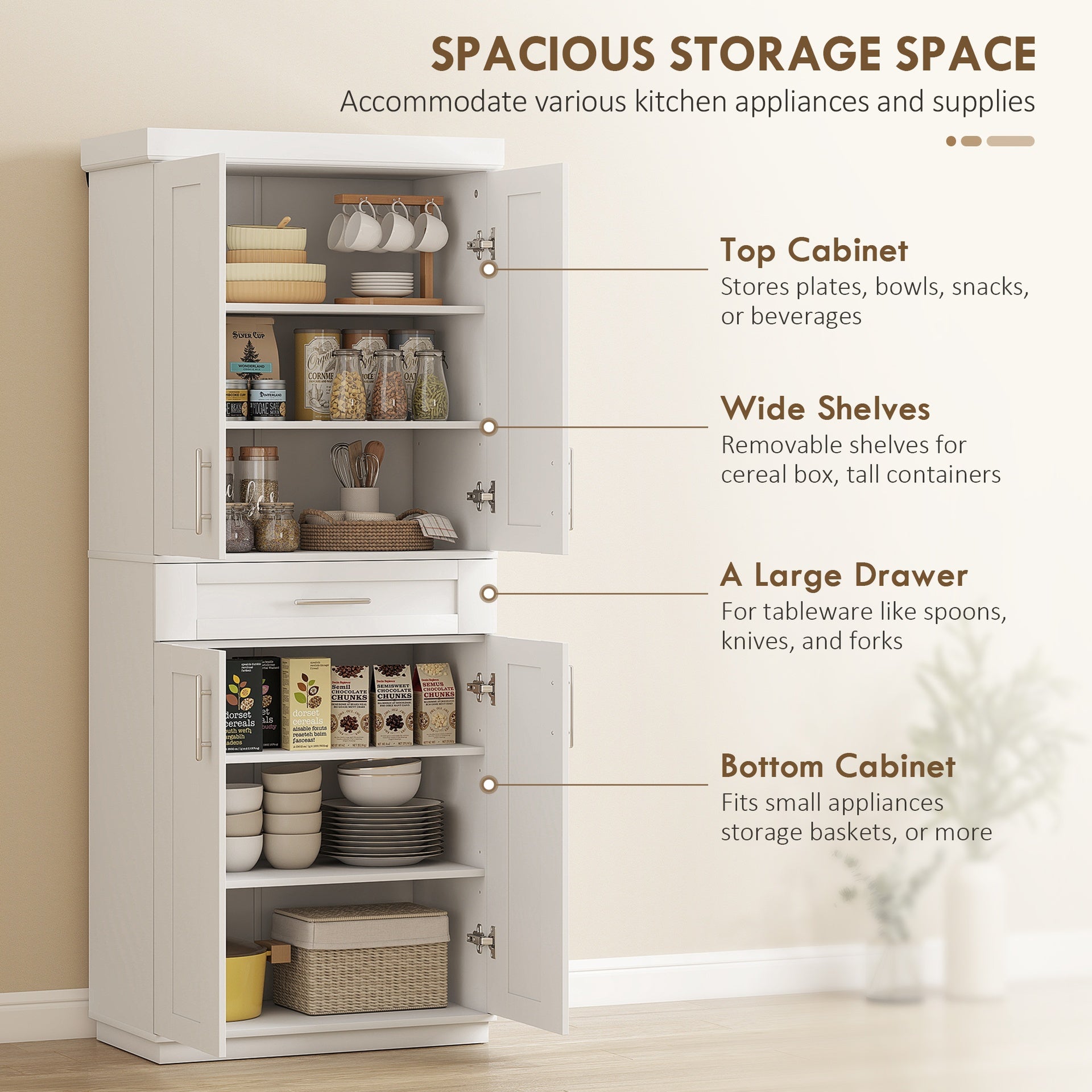 HOMCOM Modern Kitchen Pantry Freestanding Cabinet Cupboard with Doors and Drawer, Adjustable Shelving, White