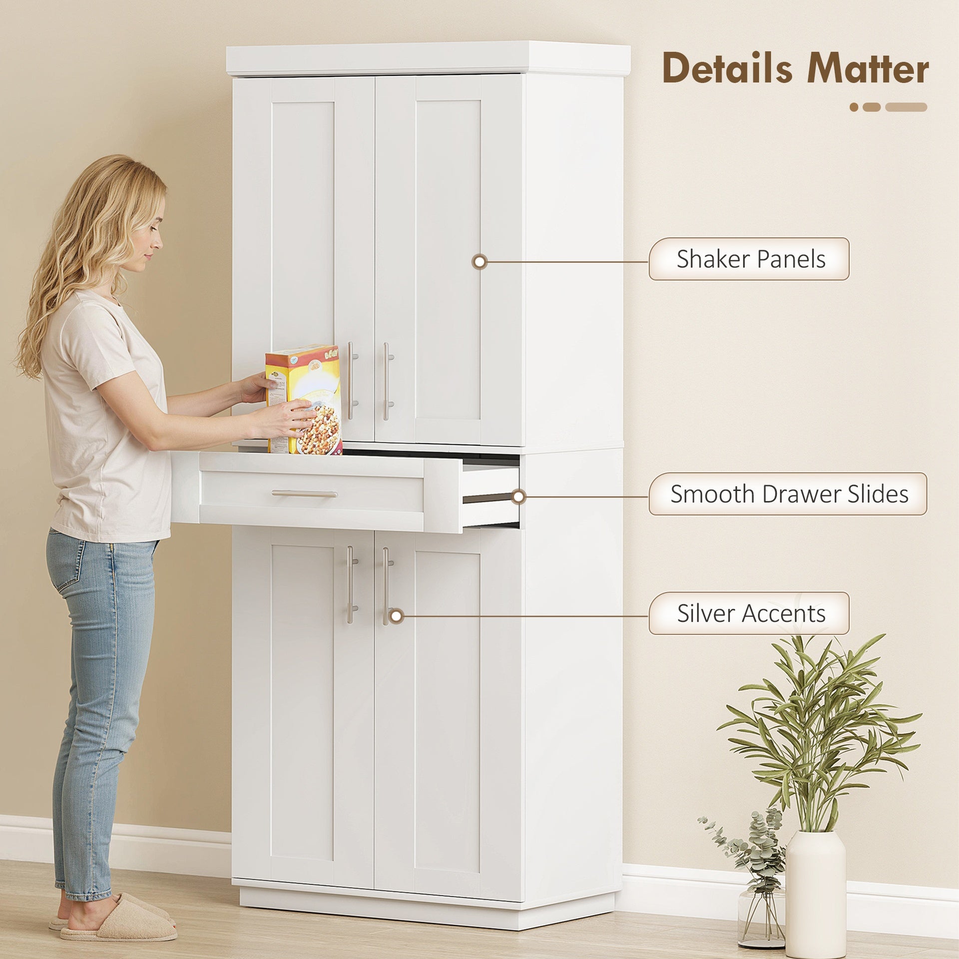 HOMCOM Modern Kitchen Pantry Freestanding Cabinet Cupboard with Doors and Drawer, Adjustable Shelving, White