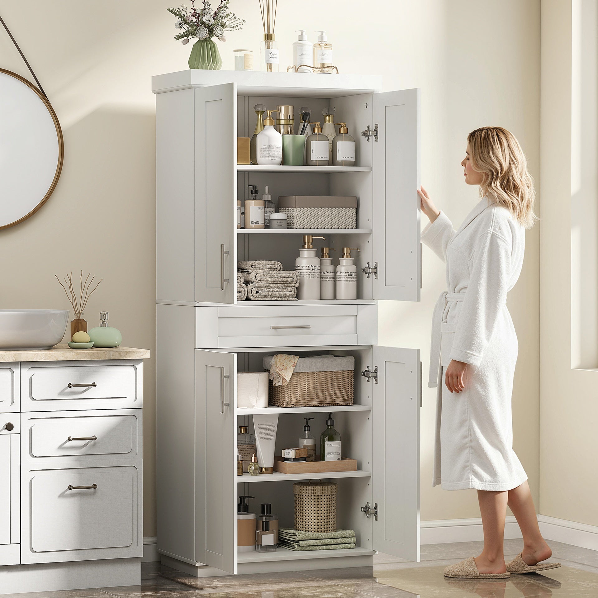HOMCOM Modern Kitchen Pantry Freestanding Cabinet Cupboard with Doors and Drawer, Adjustable Shelving, White