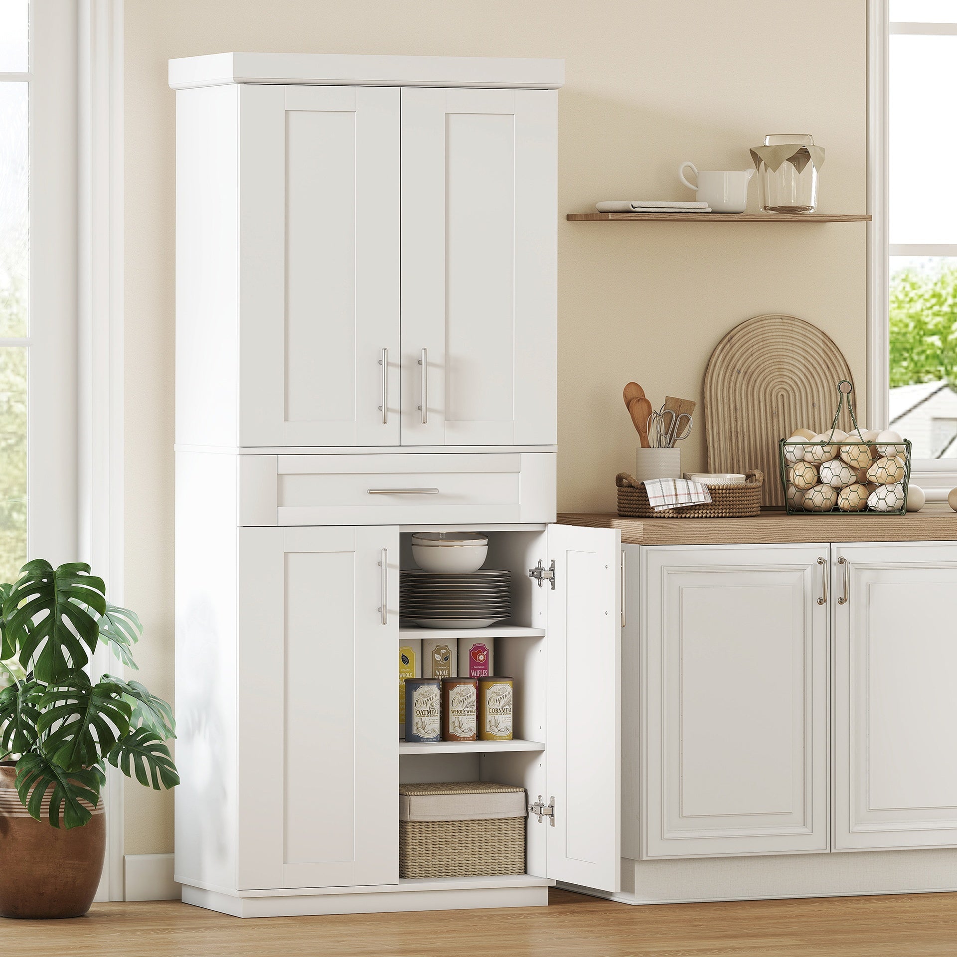 HOMCOM Modern Kitchen Pantry Freestanding Cabinet Cupboard with Doors and Drawer, Adjustable Shelving, White