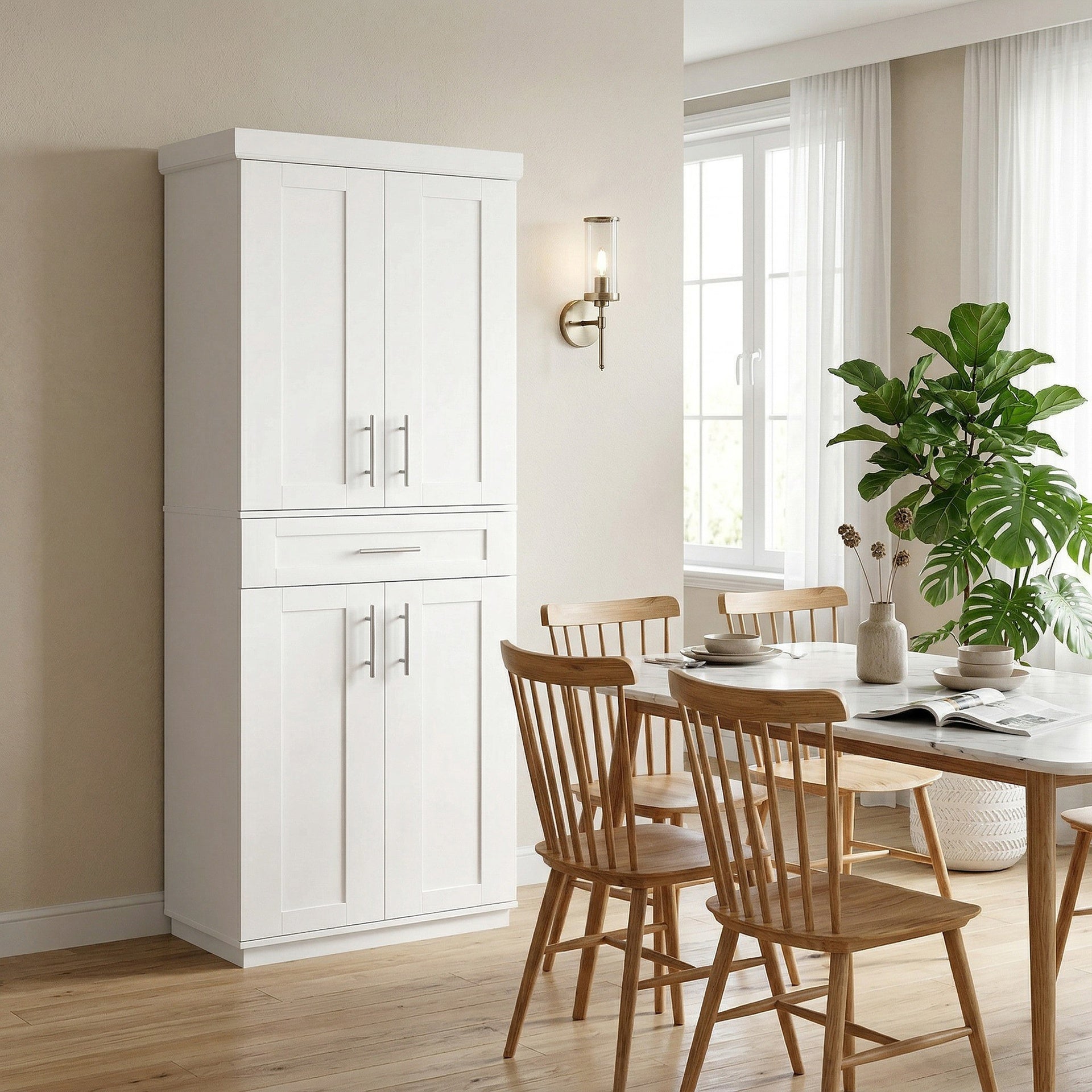 HOMCOM Modern Kitchen Pantry Freestanding Cabinet Cupboard with Doors and Drawer, Adjustable Shelving, White
