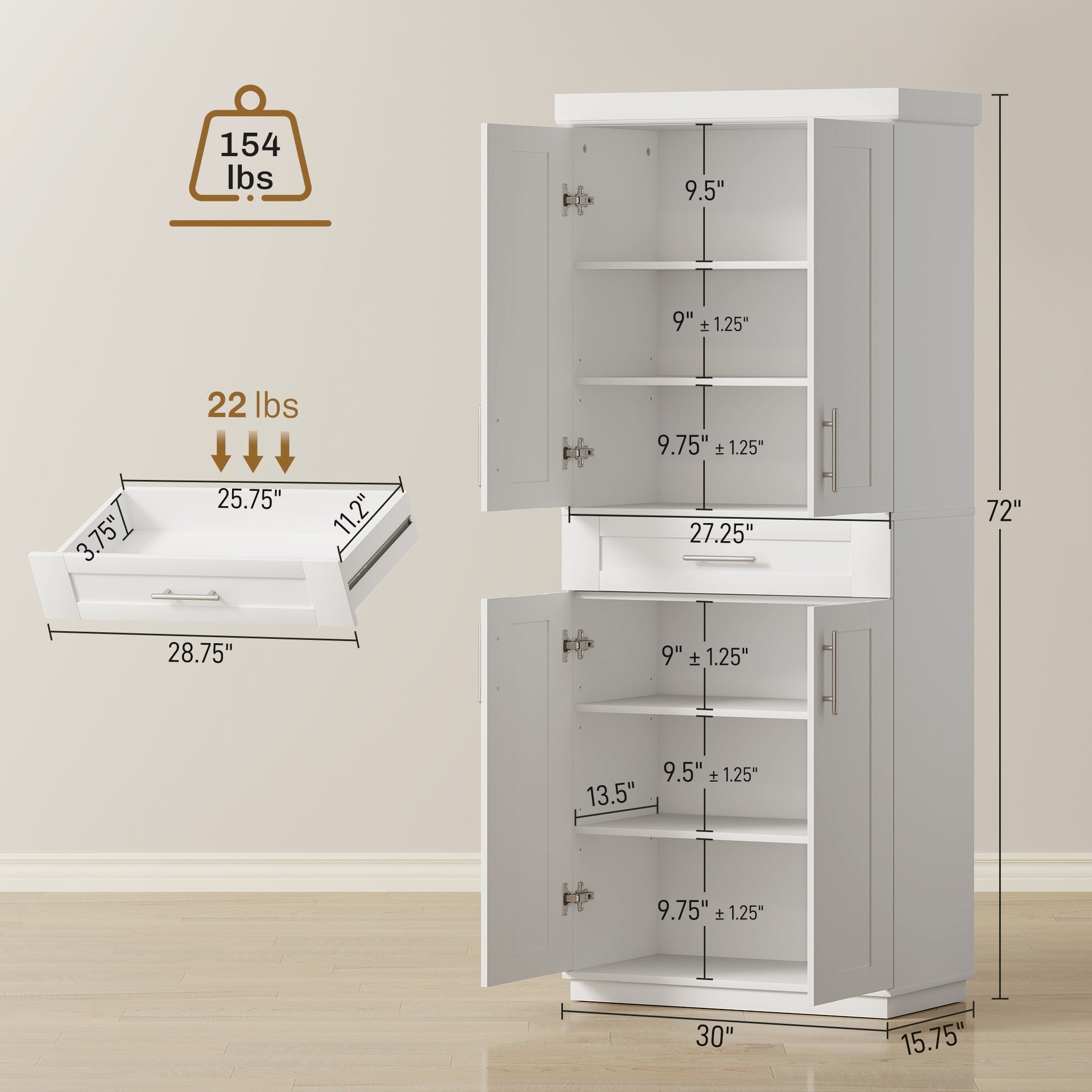 HOMCOM Modern Kitchen Pantry Freestanding Cabinet Cupboard with Doors and Drawer, Adjustable Shelving, White