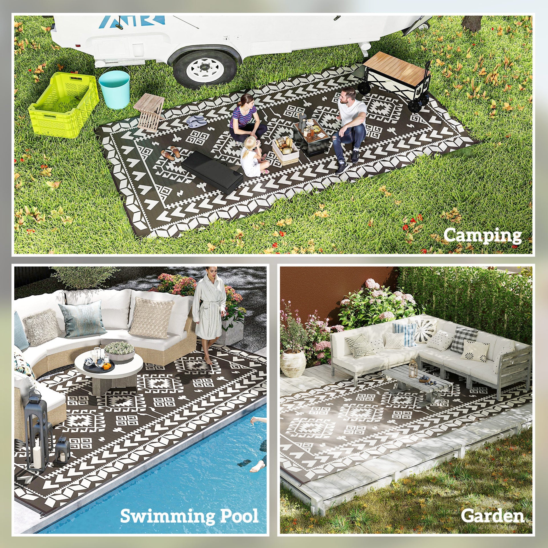 Outsunny Reversible Outdoor Rug, Waterproof Plastic Straw with Carry Bag, 9' x 18', Black & White Rhombus Patchwork