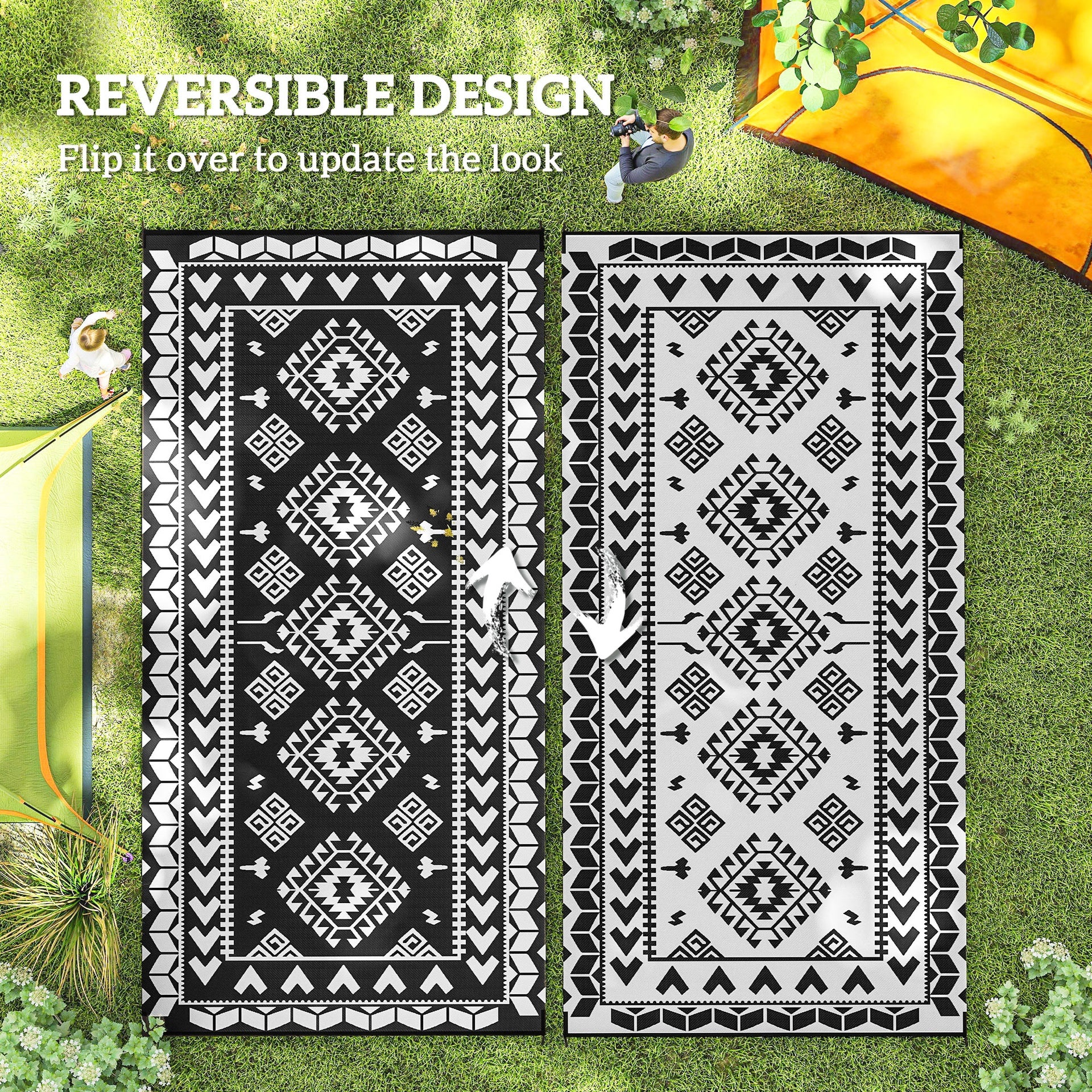 Outsunny Reversible Outdoor Rug, Waterproof Plastic Straw with Carry Bag, 9' x 18', Black & White Rhombus Patchwork
