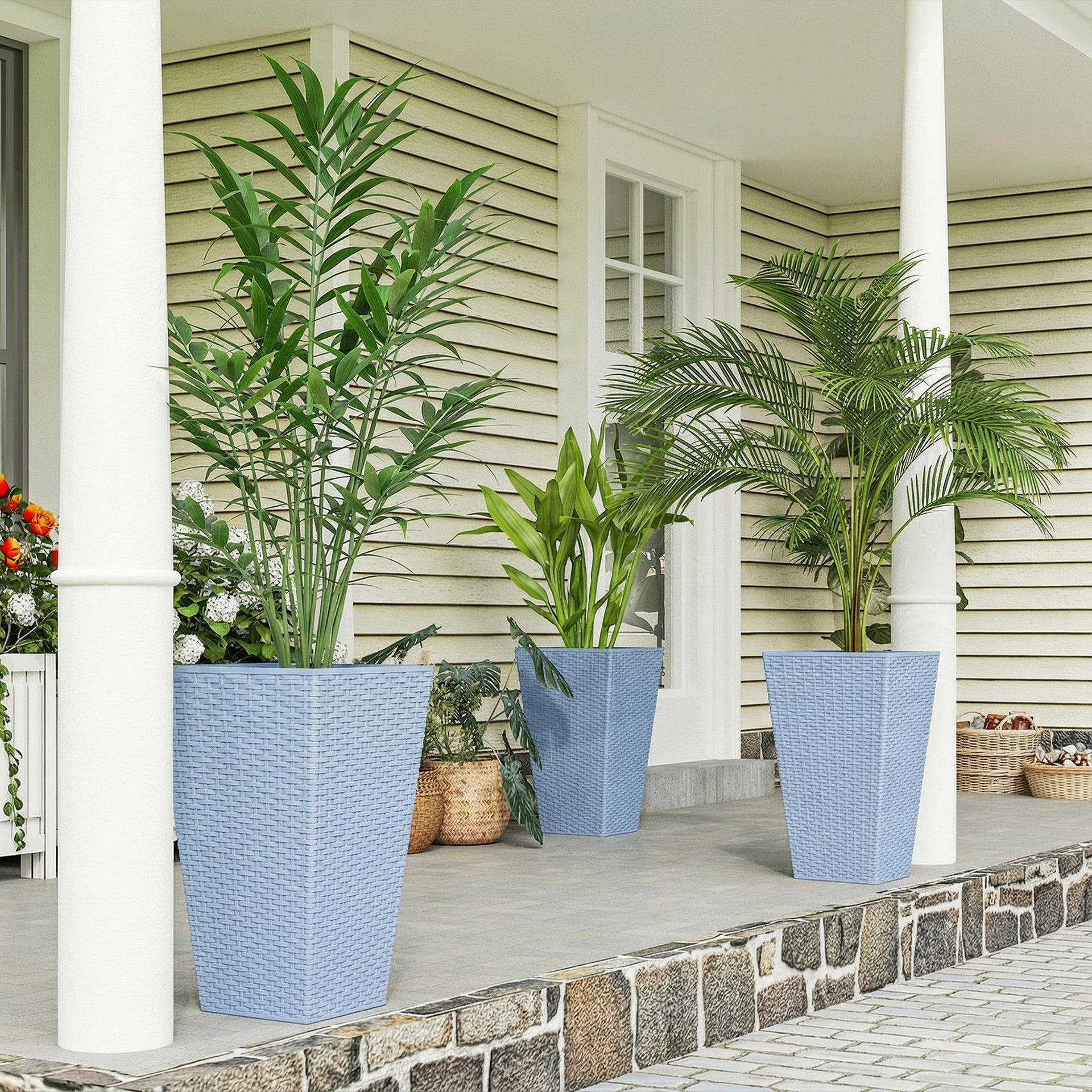 Outsunny Tall Planters for Outdoor Plants Set of 3, 24 In Taper Planters with Drainage Holes, Rattan Decor Plant Pots, Light Gray