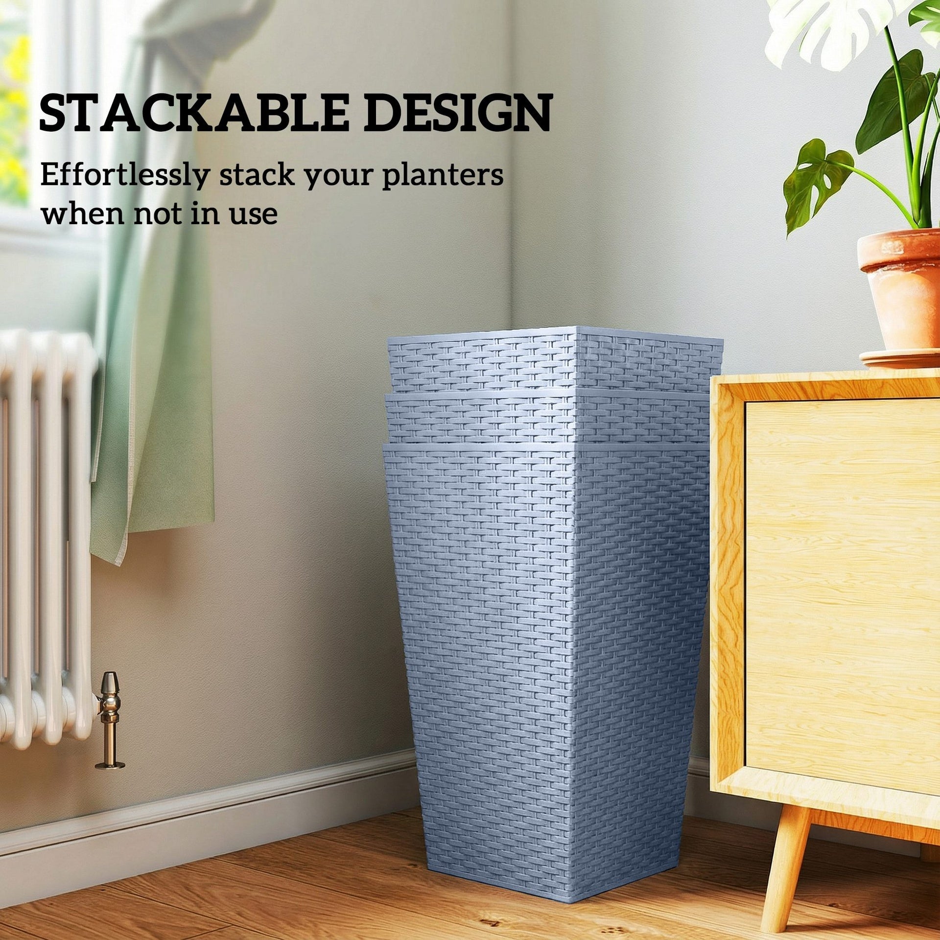 Outsunny Tall Planters for Outdoor Plants Set of 3, 24 In Taper Planters with Drainage Holes, Rattan Decor Plant Pots, Light Gray