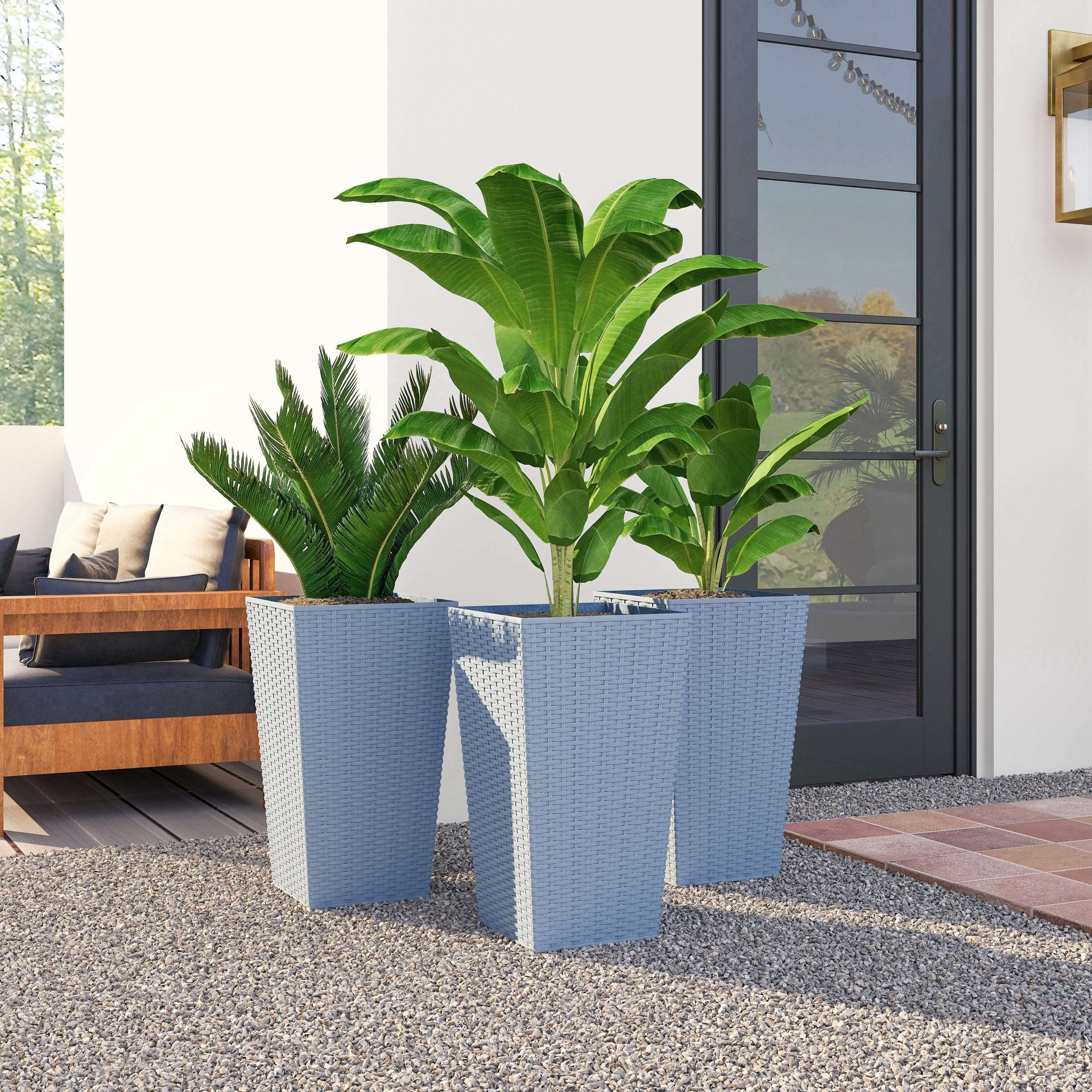 Outsunny Tall Planters for Outdoor Plants Set of 3, 24 In Taper Planters with Drainage Holes, Rattan Decor Plant Pots, Light Gray